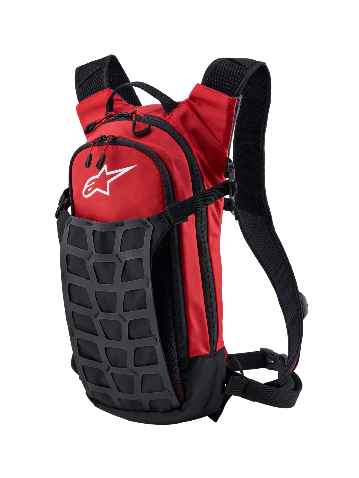 Alpinestars AT-9, sac à dos de motocross et tout-terrain, rouge et noir, construction textile durable avec bretelles rembourrées et logo blanc pour le paddock et les voyages