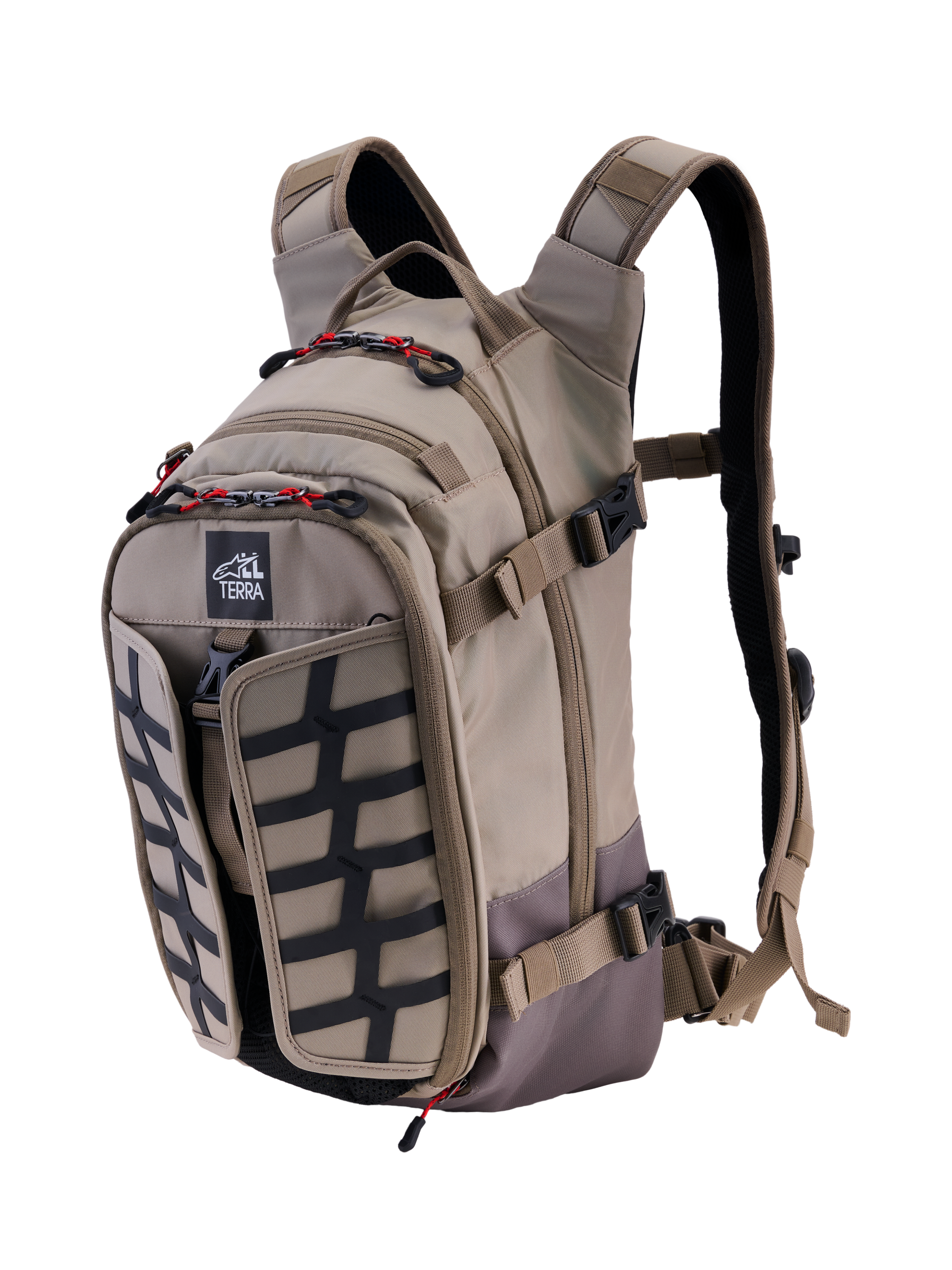 Alpinestars AT-15 Back Pack, Aluminum Walnut, 15L expandable adventure motorcycle backpack, front 3/4 view featuring All Terra logo, black grid panel, red zipper accents, and ergonomic shoulder straps, rugged off-road design