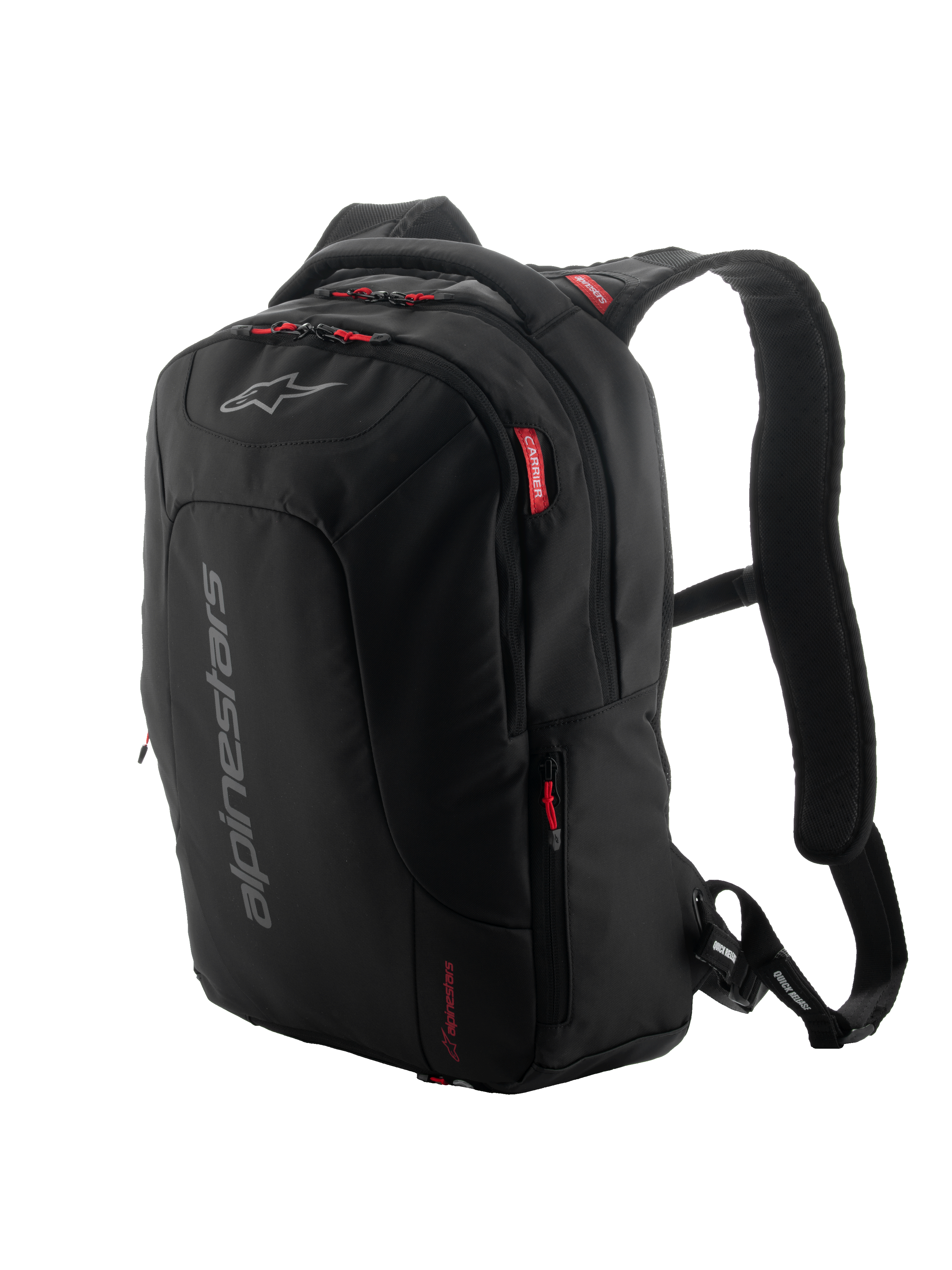 Alpinestars City Hunter V2, sac à dos moto urbain, noir avec tirettes de fermeture éclair et accents rouges, logo vertical gris, bretelles rembourrées en maille, design effilé pour une stabilité optimale à moto