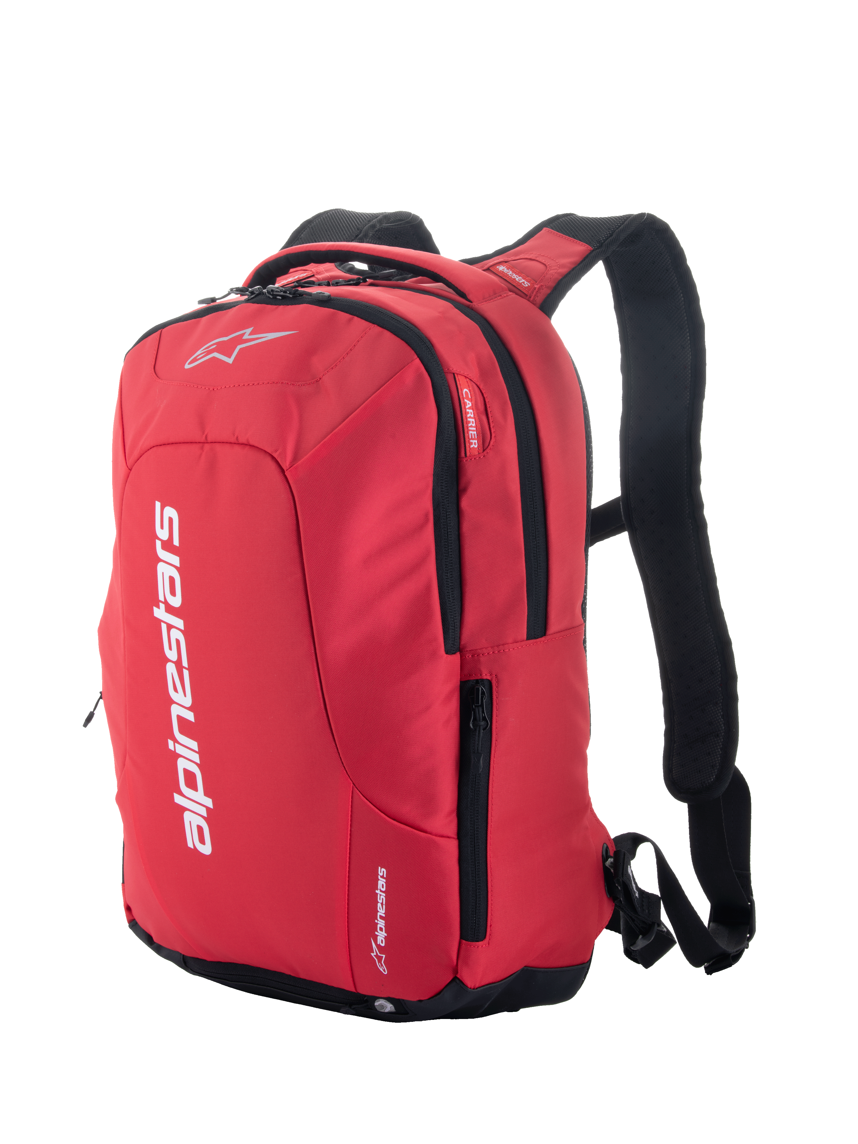 Sac à dos Alpinestars City Hunter V2, rouge et noir, sac à dos de moto urbain avec logo blanc imposant, poches latérales zippées, bretelles rembourrées en maille et design profilé pour les motards