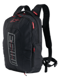 Alpinestars MM93 City Hunter V2 Backpack, Motorcycle Backpack, Black with grey MM93 graphic and red accents, Marc Marquez signature collection, featuring padded shoulder straps and side pockets, durable urban design