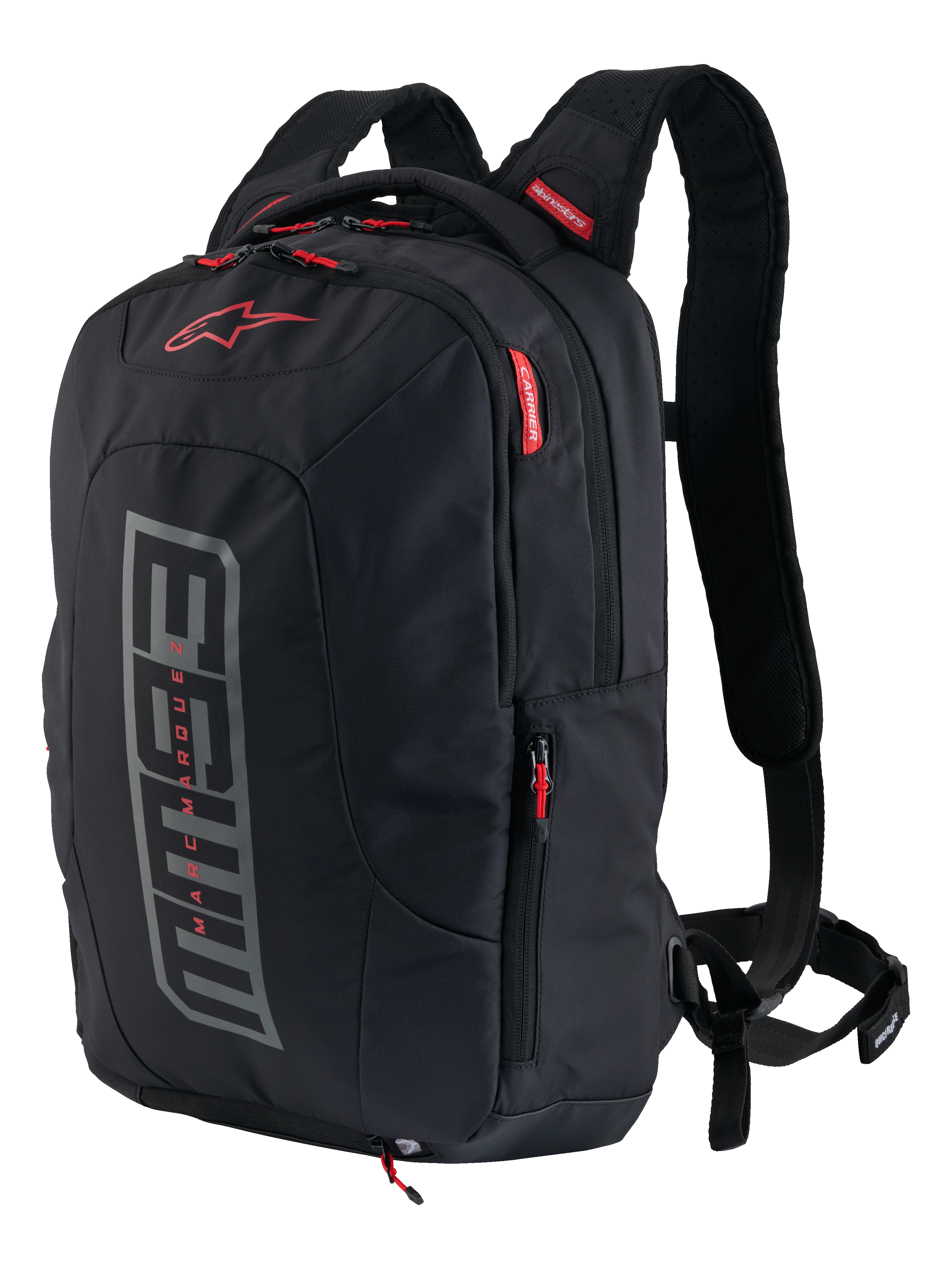 Alpinestars MM93 City Hunter V2 Backpack, sac à dos moto, noir avec graphisme MM93 gris et accents rouges, collection signature Marc Marquez, avec bretelles rembourrées et poches latérales, design urbain robuste