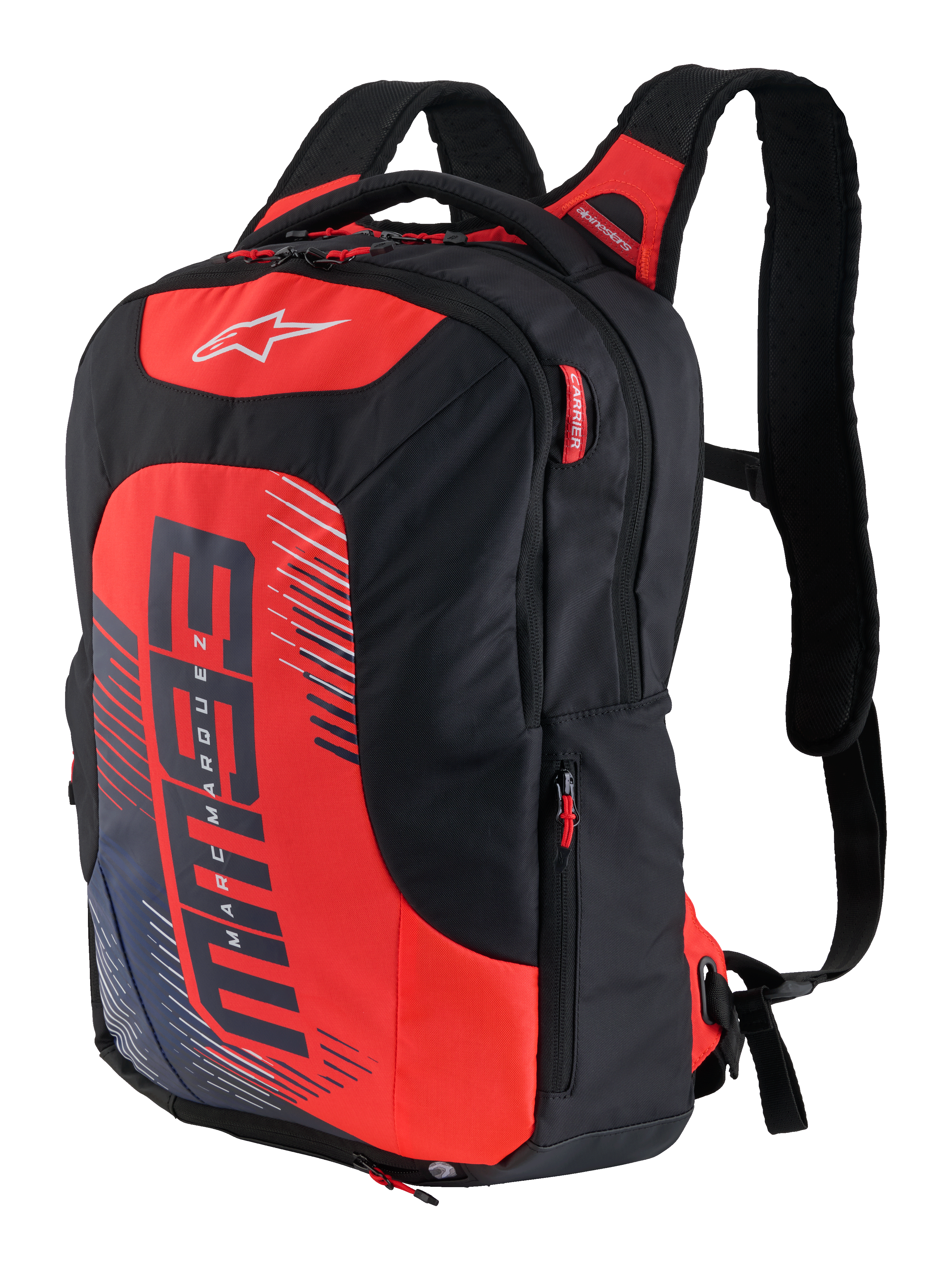 MM93 City Hunter V2 Backpack, Black and Red, sporty motorcycle backpack with ergonomic padded shoulder straps, multiple compartments with red zipper pulls, bold red front panel with MM93 logo and Marc Marquez graphic elements, durable polyfabric, sleek streamlined design