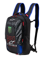Alpinestars FQ20 City Hunter V2 Monster Backpack, black motorcycle backpack with blue shoulder straps, featuring green Monster Energy claw logo, red '20' and white 'El Diablo' branding, technical urban riding gear with tapered profile.