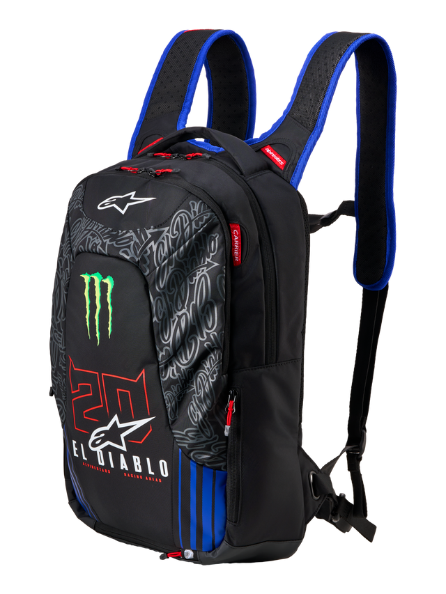 Sac à dos Alpinestars FQ20 City Hunter V2 Monster, sac à dos de moto noir avec bretelles bleues, arborant le logo griffé vert Monster Energy, les marquages '20' rouge et 'El Diablo' blanc, équipement technique de conduite urbaine au profil effilé