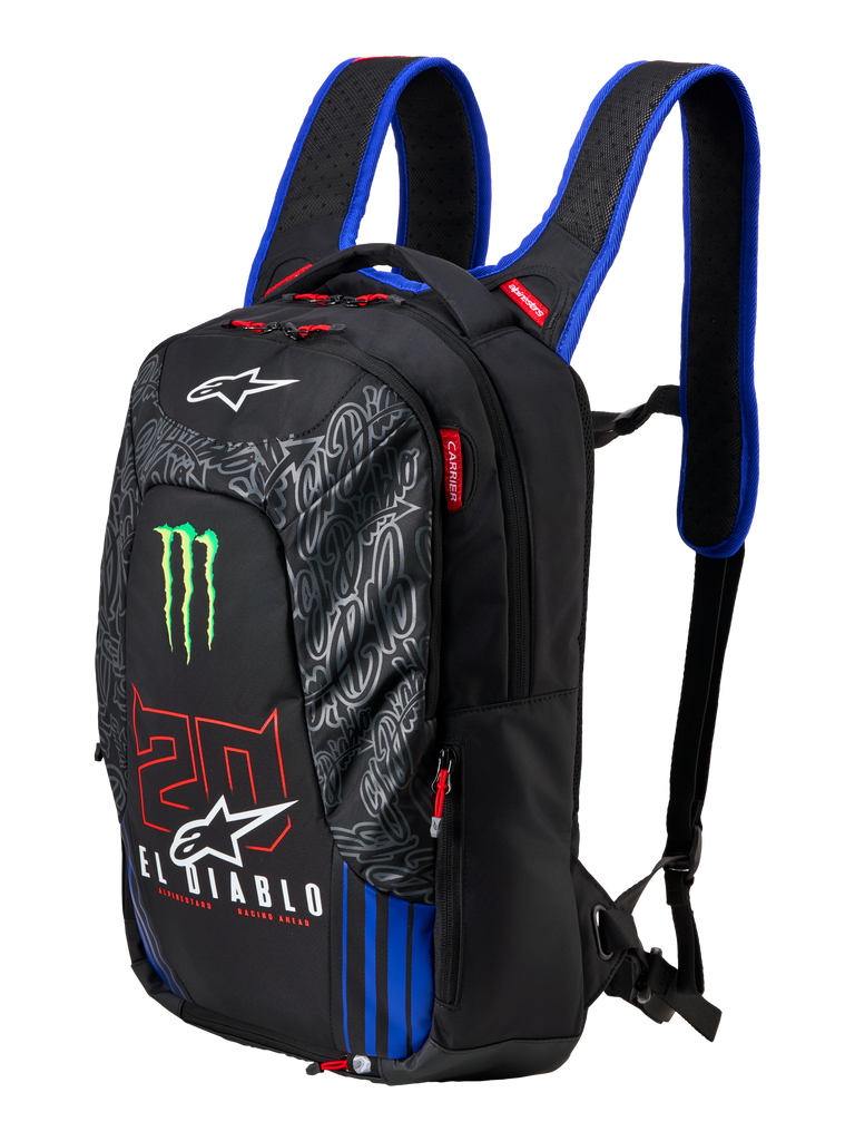 Sac à dos Alpinestars FQ20 City Hunter V2 Monster, sac à dos de moto noir avec bretelles bleues, arborant le logo griffé vert Monster Energy, les marquages '20' rouge et 'El Diablo' blanc, équipement technique de conduite urbaine au profil effilé