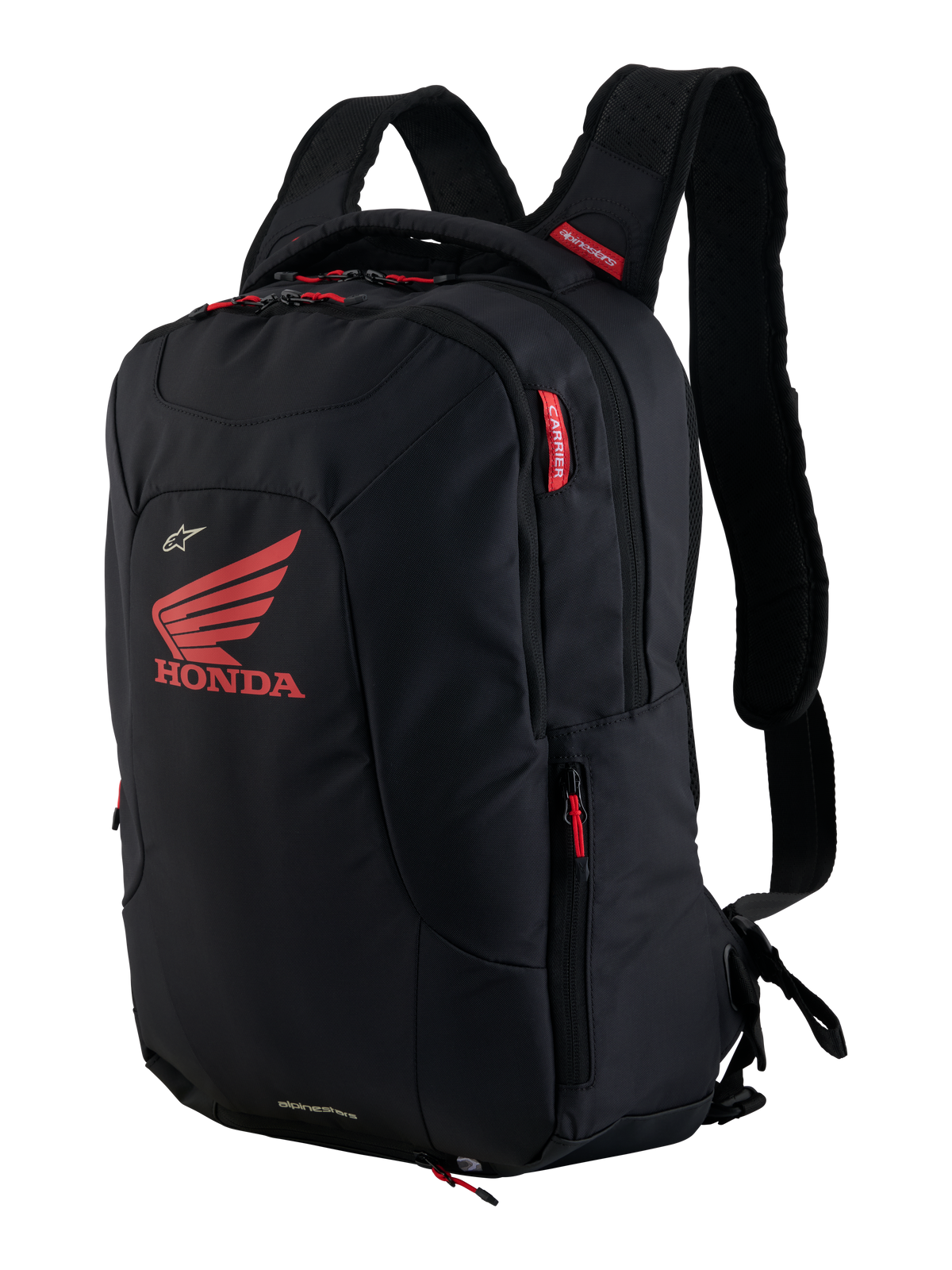 Sac à dos Alpinestars Honda City Hunter V2, sac à dos de moto urbain, noir et rouge vif, avec un grand logo ailé Honda rouge et le marquage Alpinestars, plusieurs compartiments zippés avec tirettes rouges, design ergonomique avec bretelles rembourrées en maille 3D.