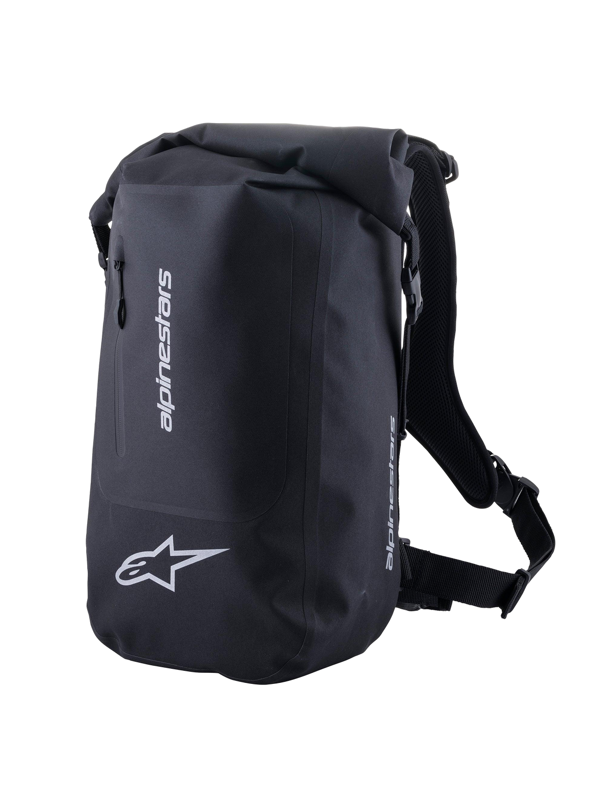 Alpinestars Sac de Sport Sealed, sac à dos de moto noir imperméable, fermeture à enroulement et logos réfléchissants