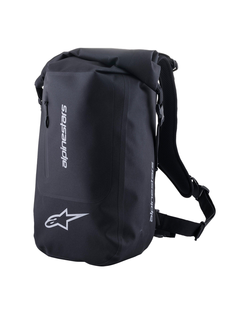 Alpinestars Sac de Sport Sealed, sac à dos de moto noir imperméable, fermeture à enroulement et logos réfléchissants