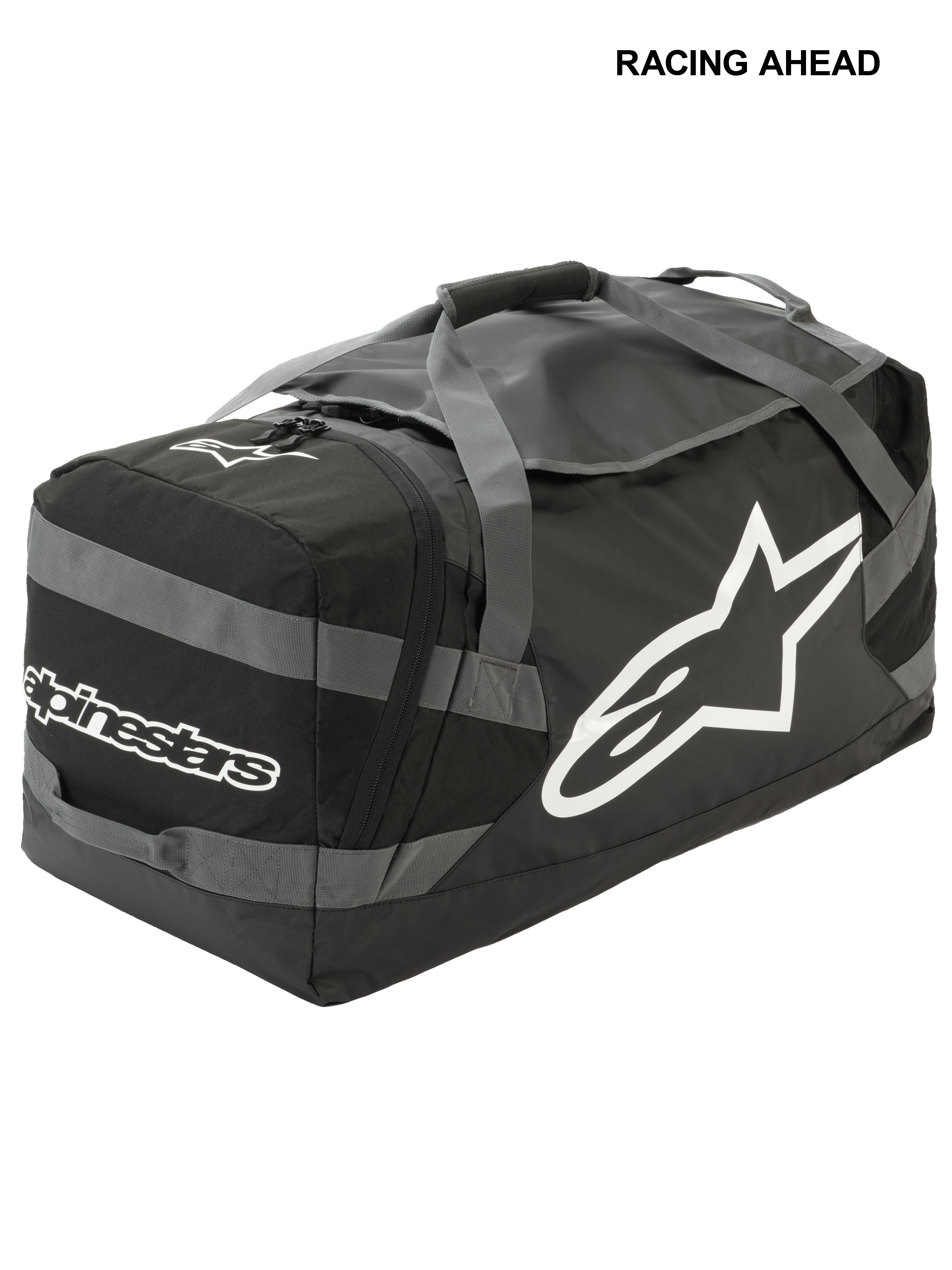 Sac Goanna Alpinestars, sac de sport motocross, noir et gris anthracite avec logos blancs, doté d'un grand logo étoile latéral et du nom de la marque, base en bâche résistante, sangles de transport renforcées, grand espace de rangement pour l'équipement tout-terrain