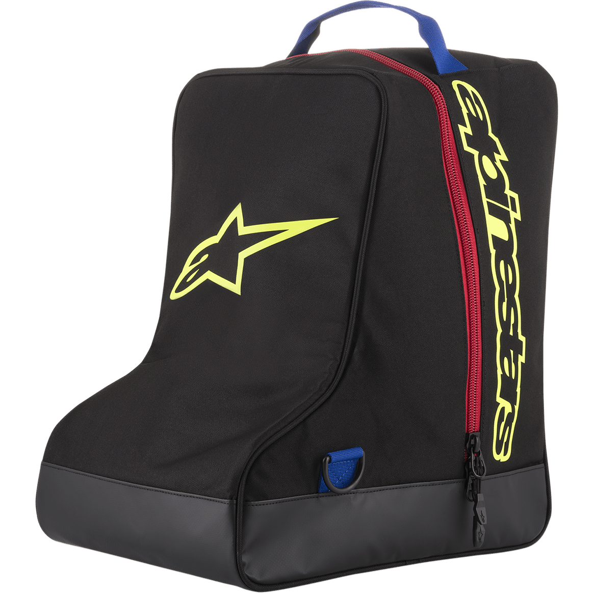 Alpinestars Boot Bag, Black and Yellow, Motocross Gear Storage Bag, Red zipper and Blue handle, featuring large Yellow star logo and Alpinestars branding, durable tarpaulin base, specialized luggage for off-road racing boots