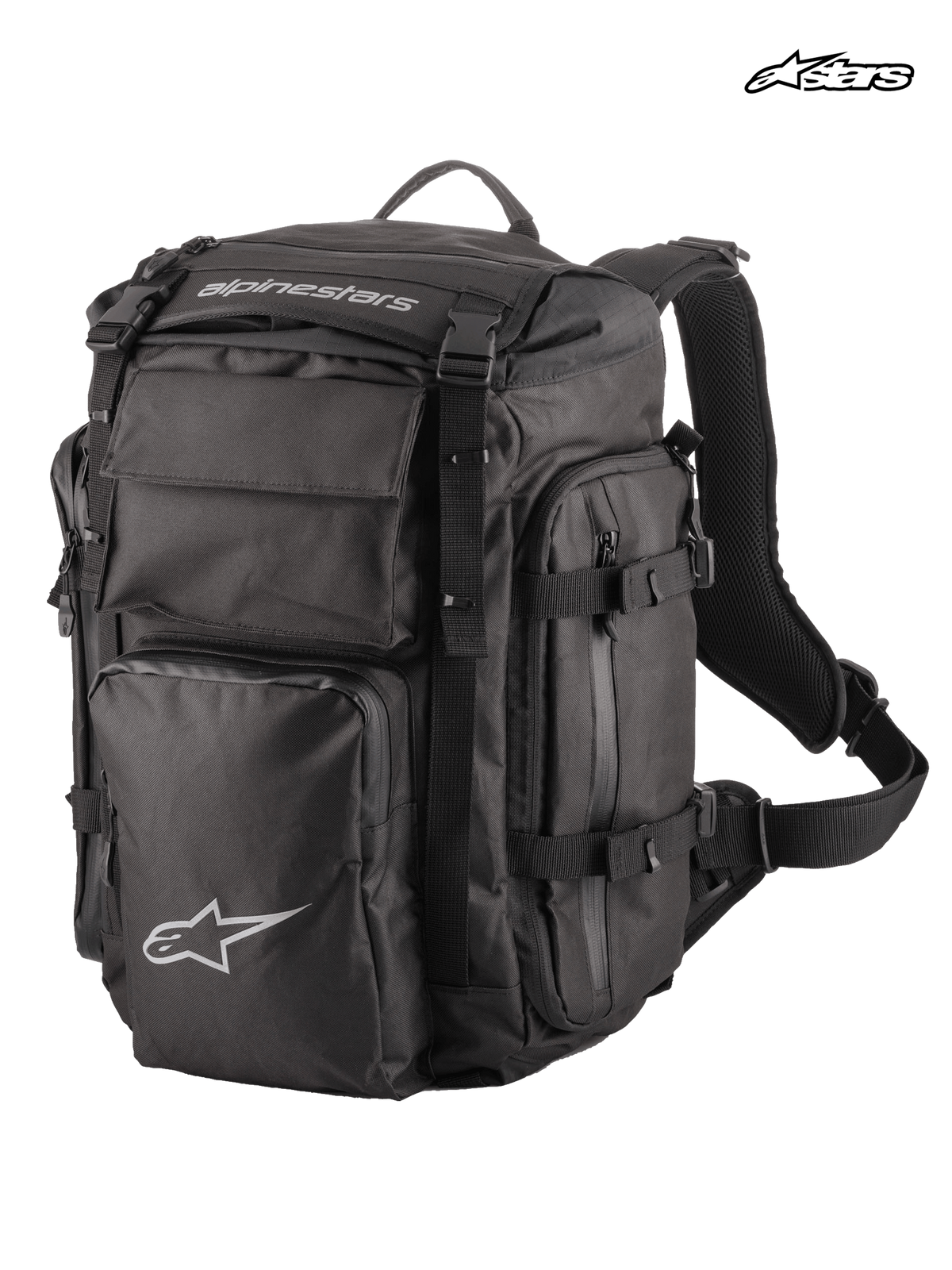 Sac à dos Alpinestars Rover Overland, sac à dos moto adventure noir, d'une capacité de 39 litres, avec design roll-top, compartiment avant compressible et construction textile durable
