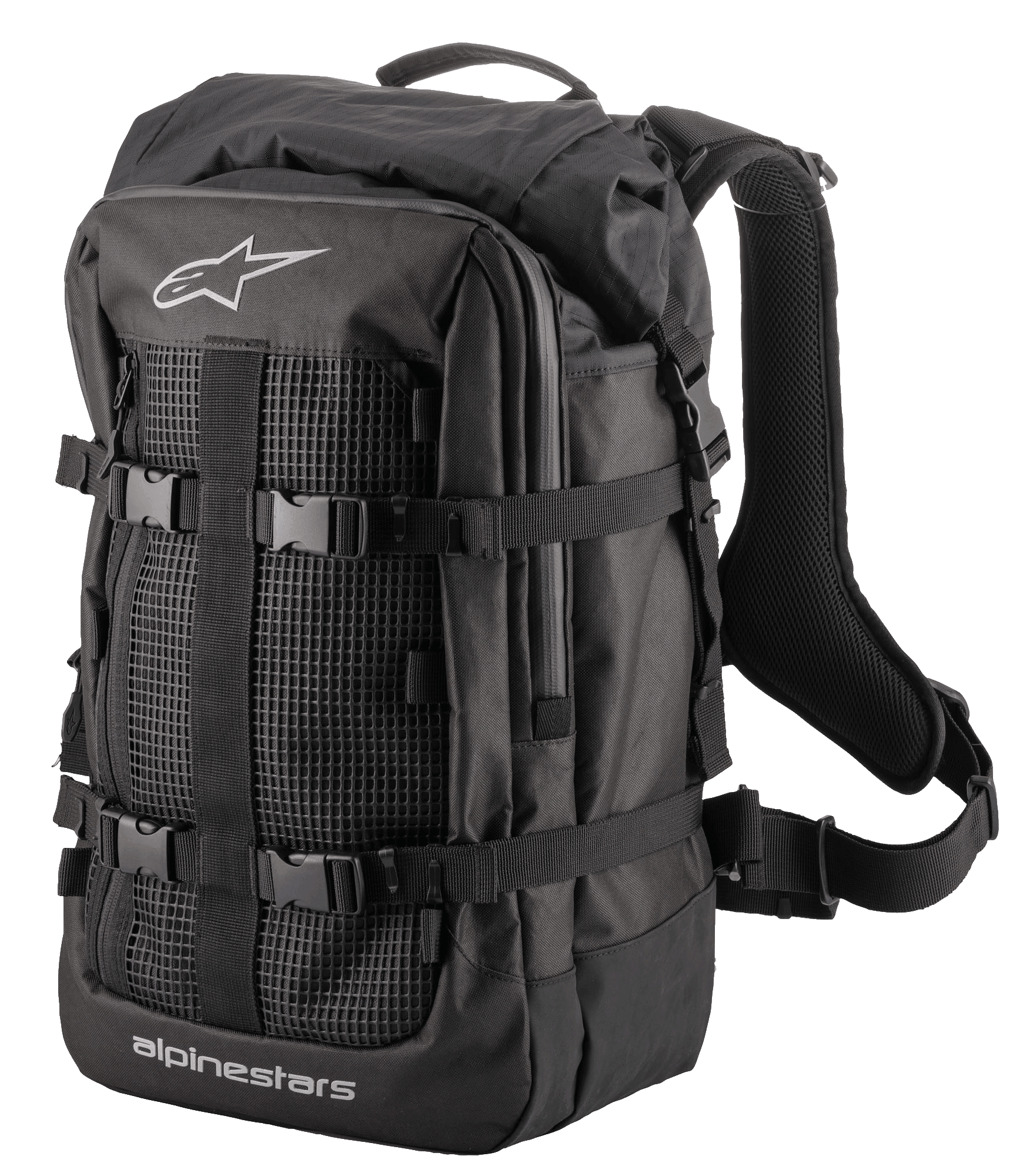 Alpinestars Rover Multi Backpack, sac à dos d'aventure et de touring, noir, doté d'un panneau avant en maille, de sangles de compression réglables avec boucles, de bretelles ergonomiques rembourrées et d'une construction textile robuste pour les trajets quotidiens et l'aventure à moto
