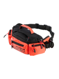 Alpinestars MM93 Waist Bag, sac banane noir et rouge fluo, sacoche de hanche pratique pour moto avec multiples compartiments zippés, poignée supérieure et sangle noire réglable, logo Marc Marquez 93, construction durable et résistante à l'eau