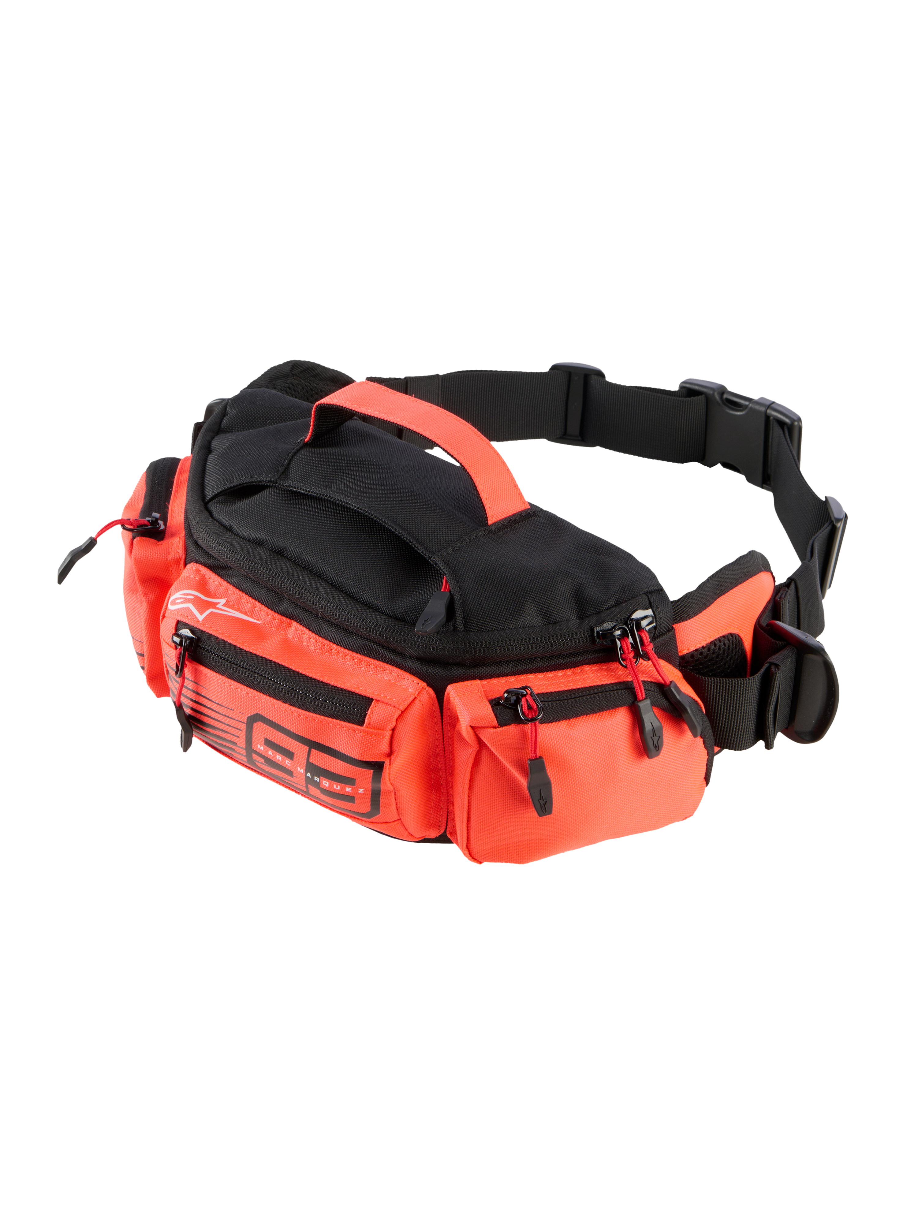 Alpinestars MM93 Waist Bag, sac banane noir et rouge fluo, sacoche de hanche pratique pour moto avec multiples compartiments zippés, poignée supérieure et sangle noire réglable, logo Marc Marquez 93, construction durable et résistante à l'eau
