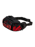 Alpinestars MM93 Waist Bag, sac banane de moto, noir avec rouge fluo et rouge vif, arborant un logo 93 rouge stylisé sur le devant, plusieurs compartiments de rangement zippés avec tirettes rouges, sangle de taille noire réglable avec boucle, construction en textile durable
