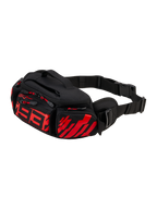 Alpinestars MM93 Waist Bag, sac banane de moto, noir avec rouge fluo et rouge vif, arborant un logo 93 rouge stylisé sur le devant, plusieurs compartiments de rangement zippés avec tirettes rouges, sangle de taille noire réglable avec boucle, construction en textile durable