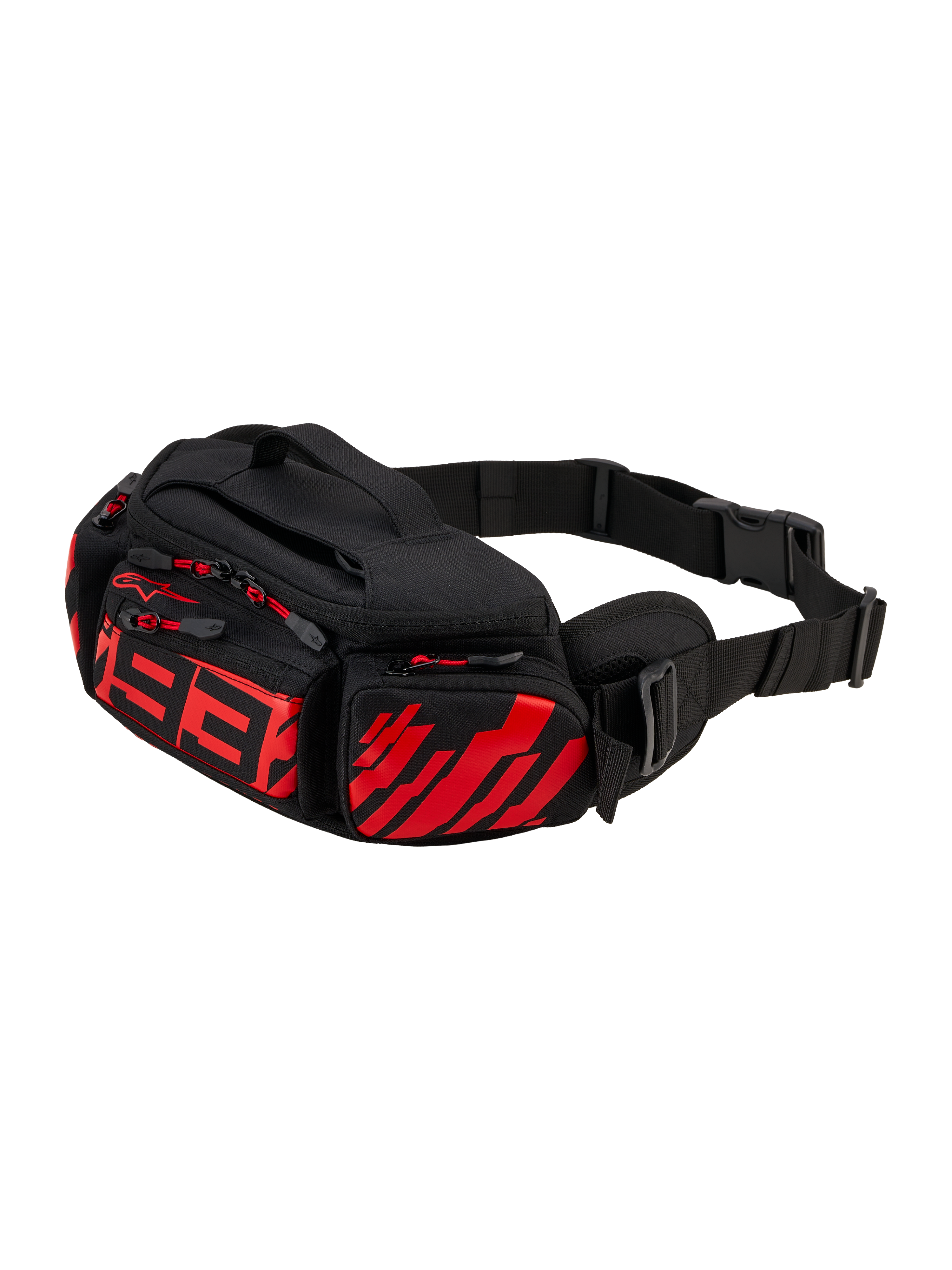 Alpinestars MM93 Waist Bag, sac banane de moto, noir avec rouge fluo et rouge vif, arborant un logo 93 rouge stylisé sur le devant, plusieurs compartiments de rangement zippés avec tirettes rouges, sangle de taille noire réglable avec boucle, construction en textile durable