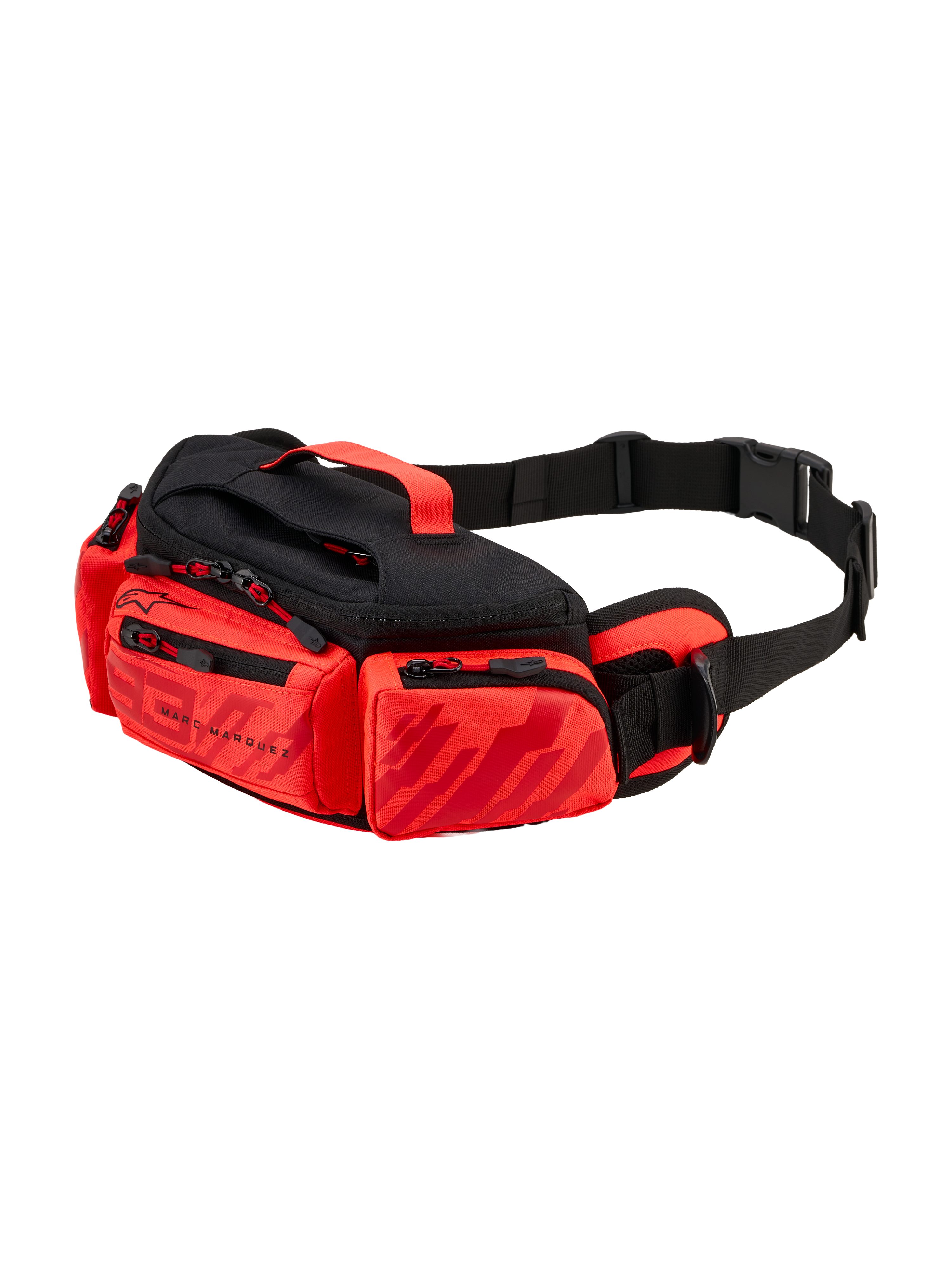 Alpinestars MM93 Waist Bag, sac banane de moto, rouge vif, rouge fluo et noir, avec graphismes Marc Marquez, plusieurs compartiments zippés, sangle de taille réglable avec boucle et poignée supérieure