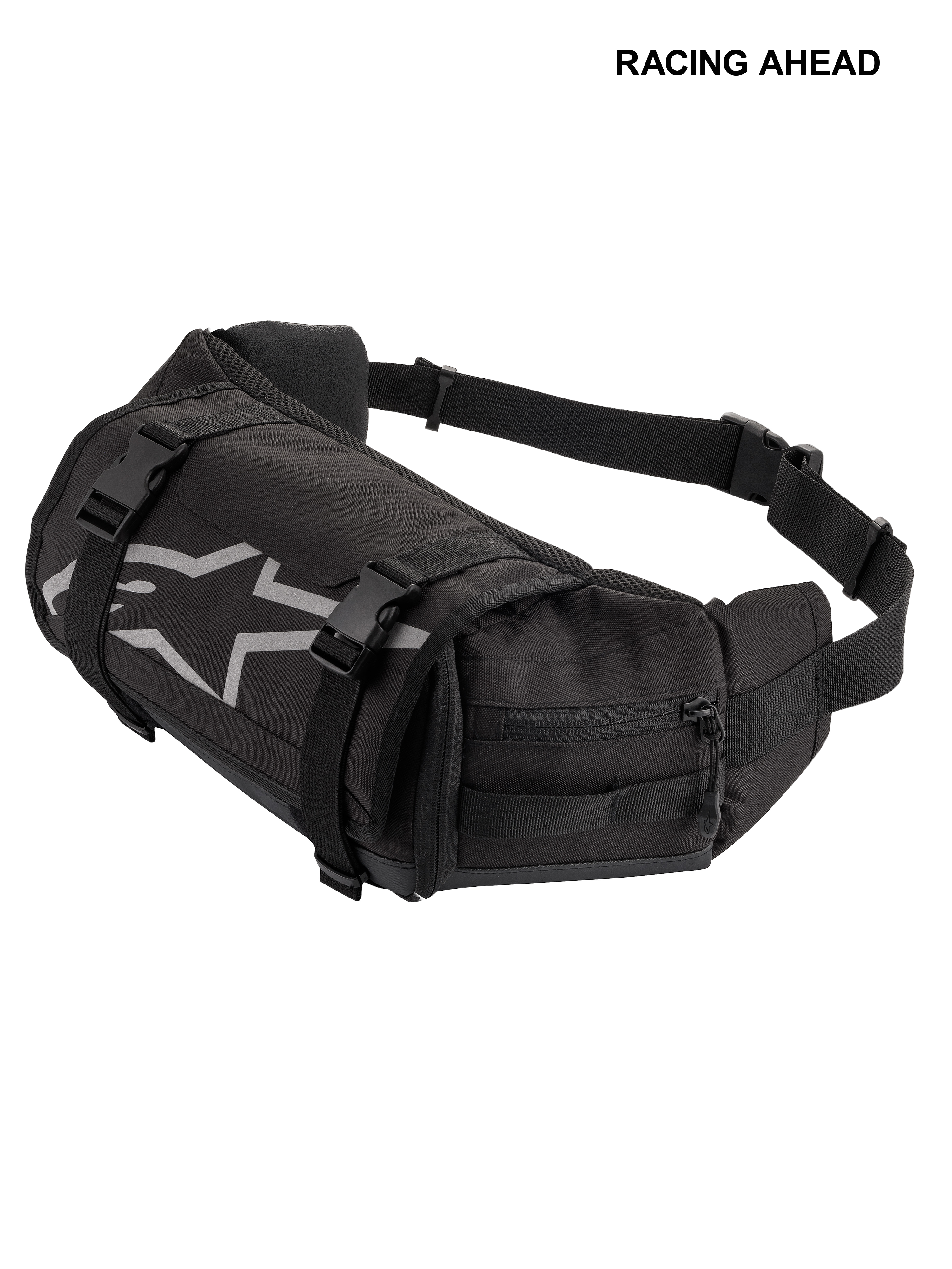Alpinestars Tech Tool Pack, sacoche banane à outils de moto noire et durable, dotée d'un logo étoile Alpinestars gris, de sangles de compression réglables avec boucles en plastique et de compartiments latéraux zippés pour l'enduro et le tout-terrain