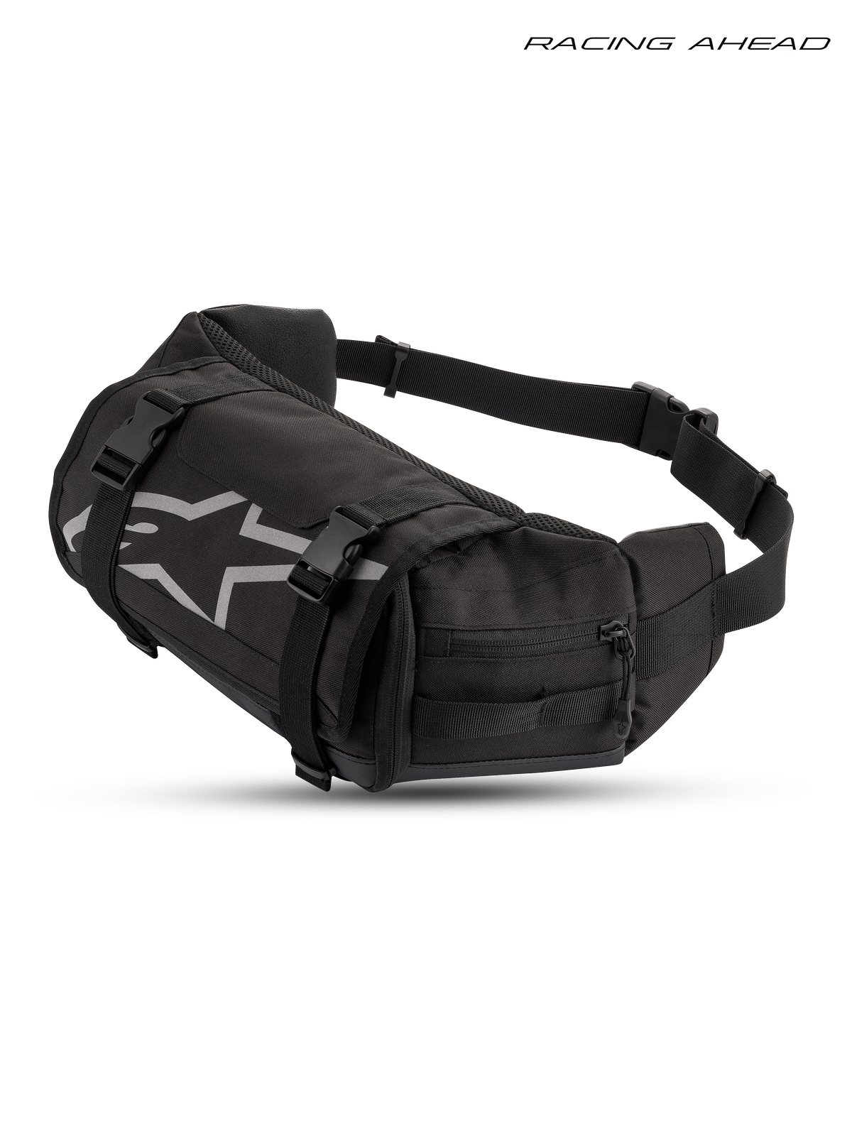 Alpinestars Trousse À Outils Tech, sac banane d'enduro noir et blanc, avec sangles de compression et logo sur le devant, photo produit studio pour la pratique tout-terrain