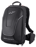Alpinestars Charger Pro Backpack, Black, Aerodynamic semi-rigid motorcycle backpack, Carbon fiber textured front panel with reflective silver piping, White Alpinestars logos, Padded shoulder straps and removable waist belt pouch, Sporty riding design
