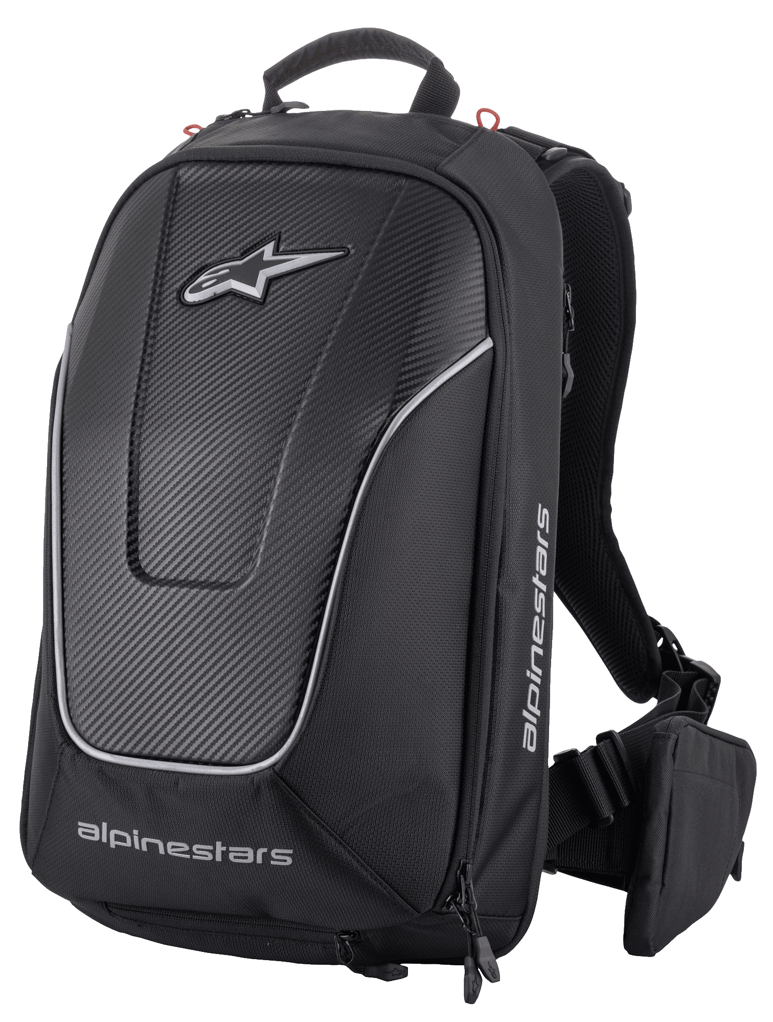 Alpinestars Charger Pro Backpack, noir, sac à dos de moto aérodynamique semi-rigide, panneau avant texturé effet fibre de carbone avec liserés argentés réfléchissants, logos Alpinestars blancs, bretelles rembourrées et pochette de ceinture amovible, design sportif