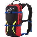 Alpinestars Iguana Hydration Backpack, Off-road Motocross Riding Pack, Black and Red with Blue Straps and Yellow Fluo Graphics, White Astars Logo, Dual Zippered Compartments, Padded Shoulder Straps with visible Hydration Tube