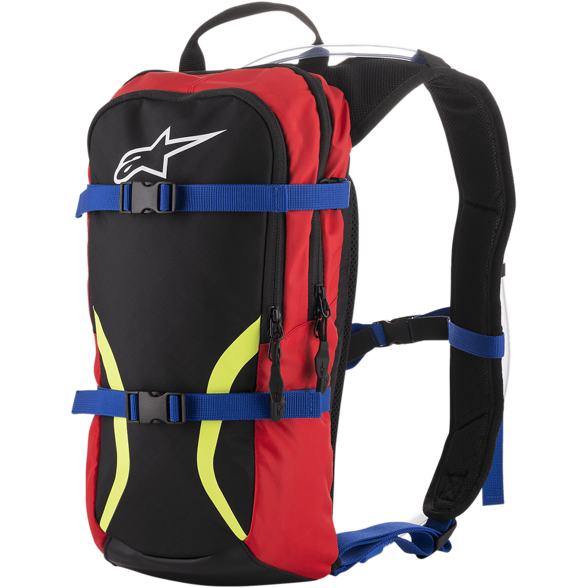 Sac à dos d'hydratation Alpinestars Iguana, sac de motocross tout-terrain, noir et rouge avec sangles bleues et graphismes jaune fluo, logo Astars blanc, deux compartiments zippés, bretelles rembourrées avec tube d'hydratation visible