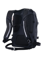 Alpinestars AMP-7 Backpack, sac à dos de moto technique, noir, vue arrière avec bretelles ergonomiques rembourrées et ventilées, panneau dorsal en maille respirante, sangle de poitrine et sangle ventrale
