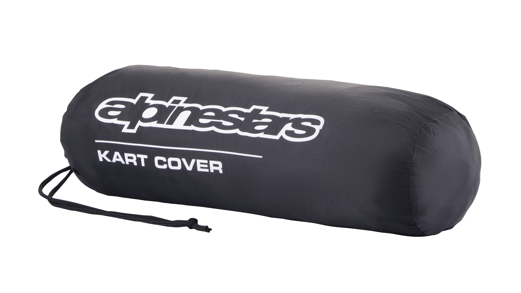 Sac de rangement pour housse de kart Alpinestars, noir, avec logo Alpinestars blanc et texte 'KART COVER', forme cylindrique avec fermeture par cordon de serrage, design compact et portable pour équipement de sport automobile.