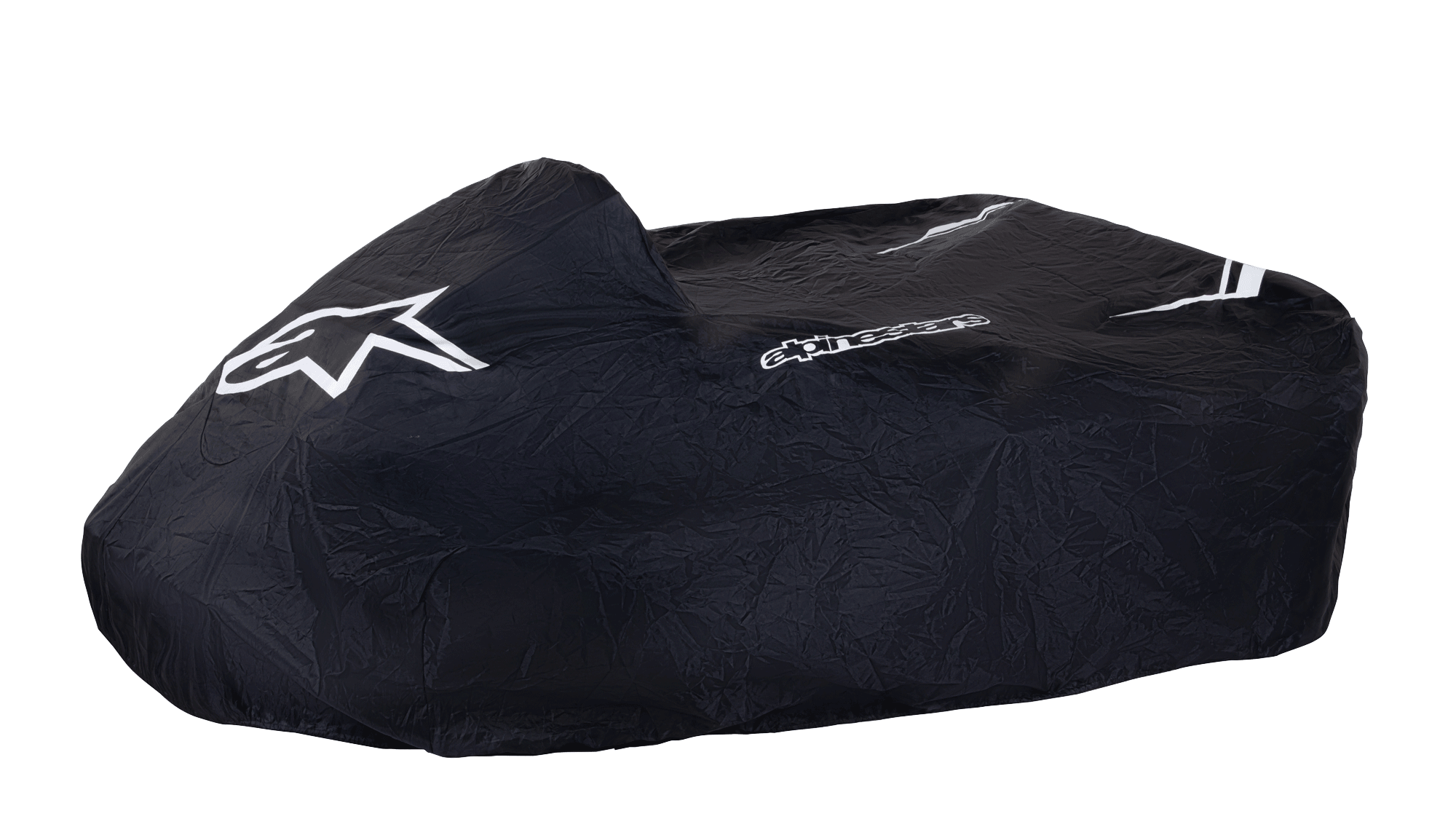 Housse de Kart Alpinestars, noire, avec logo étoile et nom de marque Alpinestars blancs, housse de protection pour kart, tissu durable résistant aux intempéries avec bandes blanches, conception structurée pour la protection dans le paddock