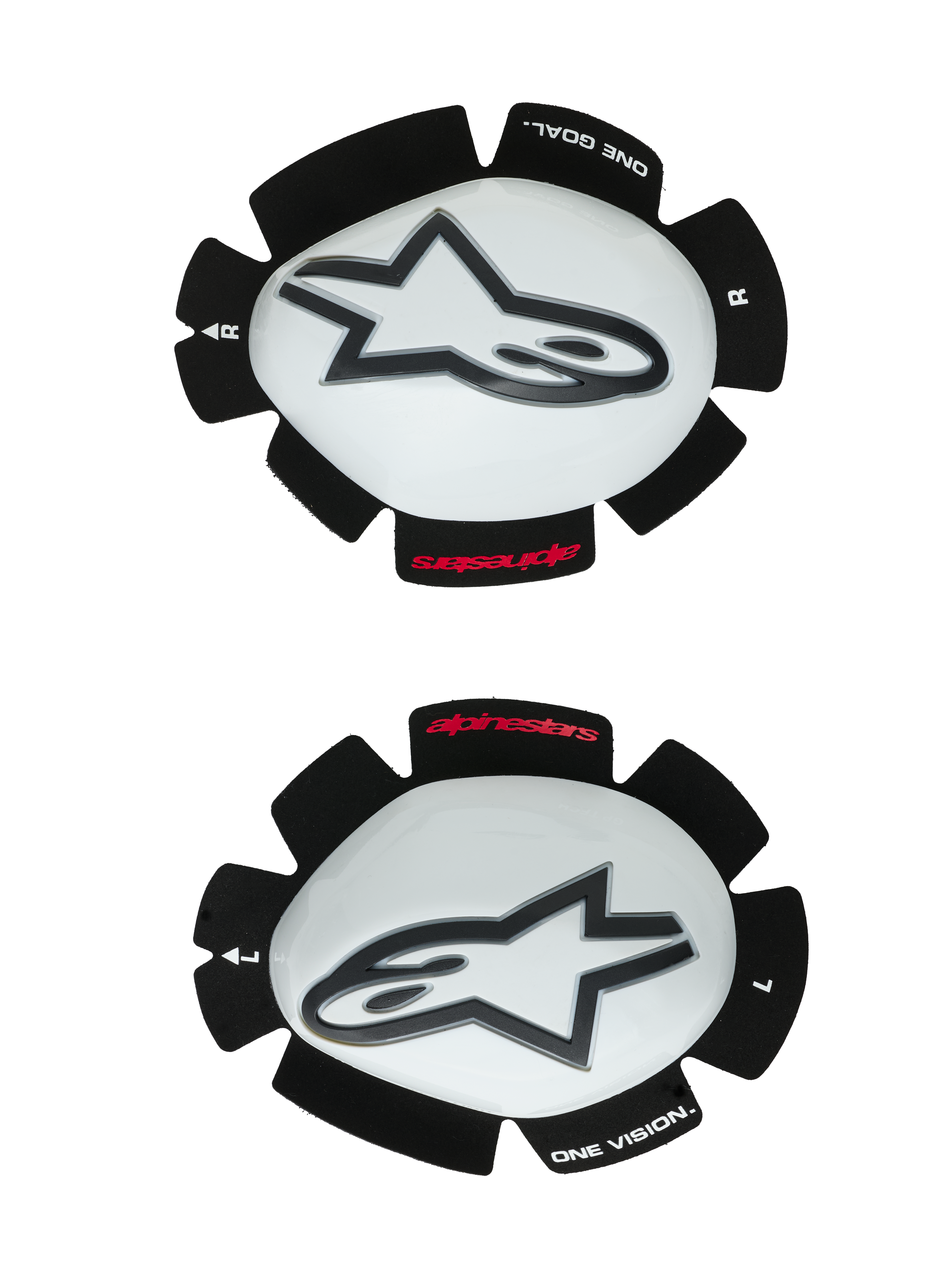 Alpinestars GP Tech, sliders de genou pour moto, blanc et noir, ensemble de sliders gauche et droit avec coques en plastique blanc et logos Astar noirs, support auto-agrippant avec texte « ONE GOAL ONE VISION », équipement de course haute performance