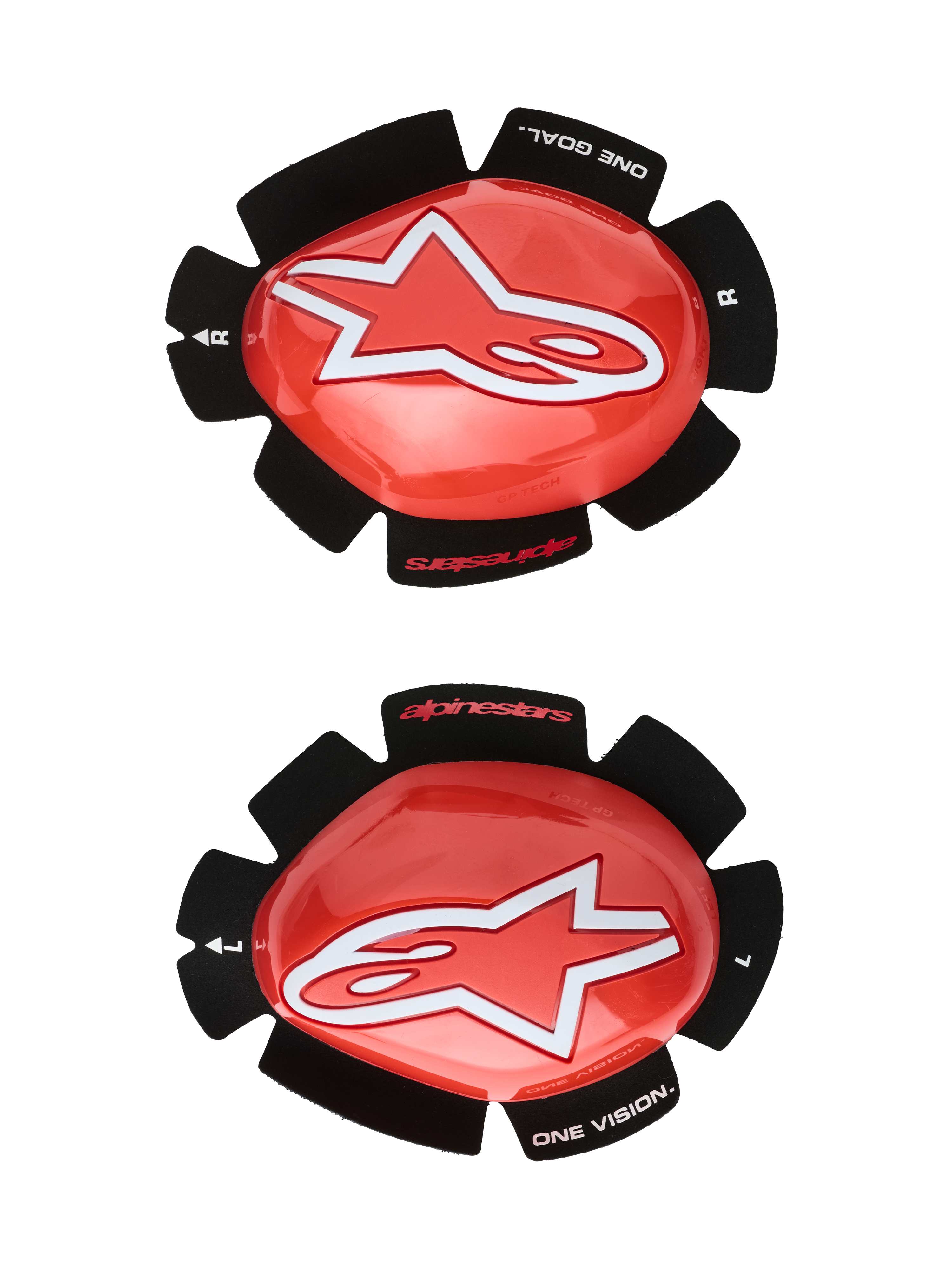 Alpinestars GP Tech Knee Sliders, Red and White, Motorcycle Racing Knee Protectors, featuring a large white star logo on glossy red plastic, 'ONE GOAL. ONE VISION.' text on black petal-shaped velcro backing, left and right pair for track use.