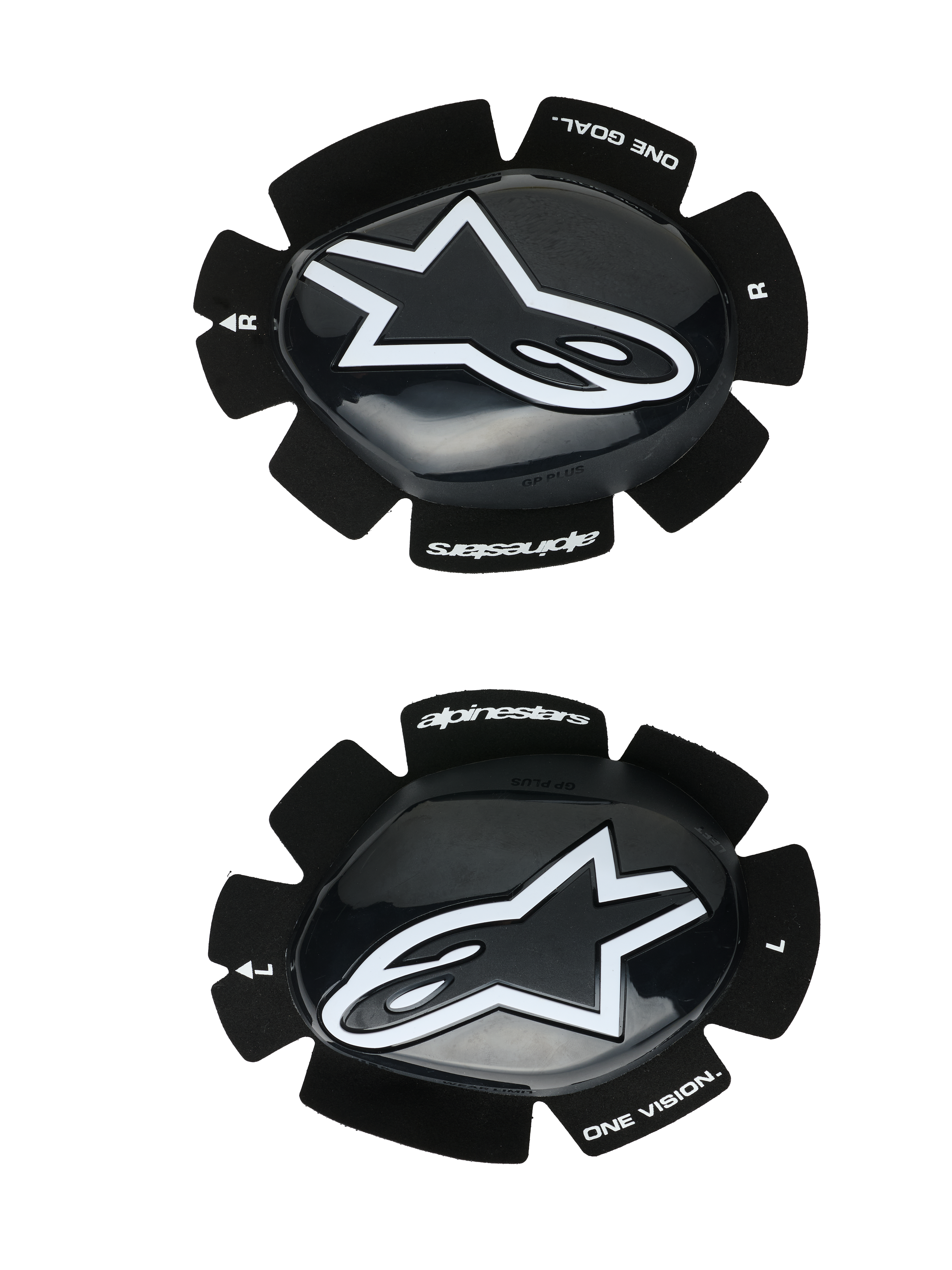 Sliders de genoux Alpinestars GP Plus, protections pour course moto, noir et blanc, finition brillante avec logo étoile blanc, système de fixation Velcro, marquage « One Goal One Vision », ensemble gauche et droit