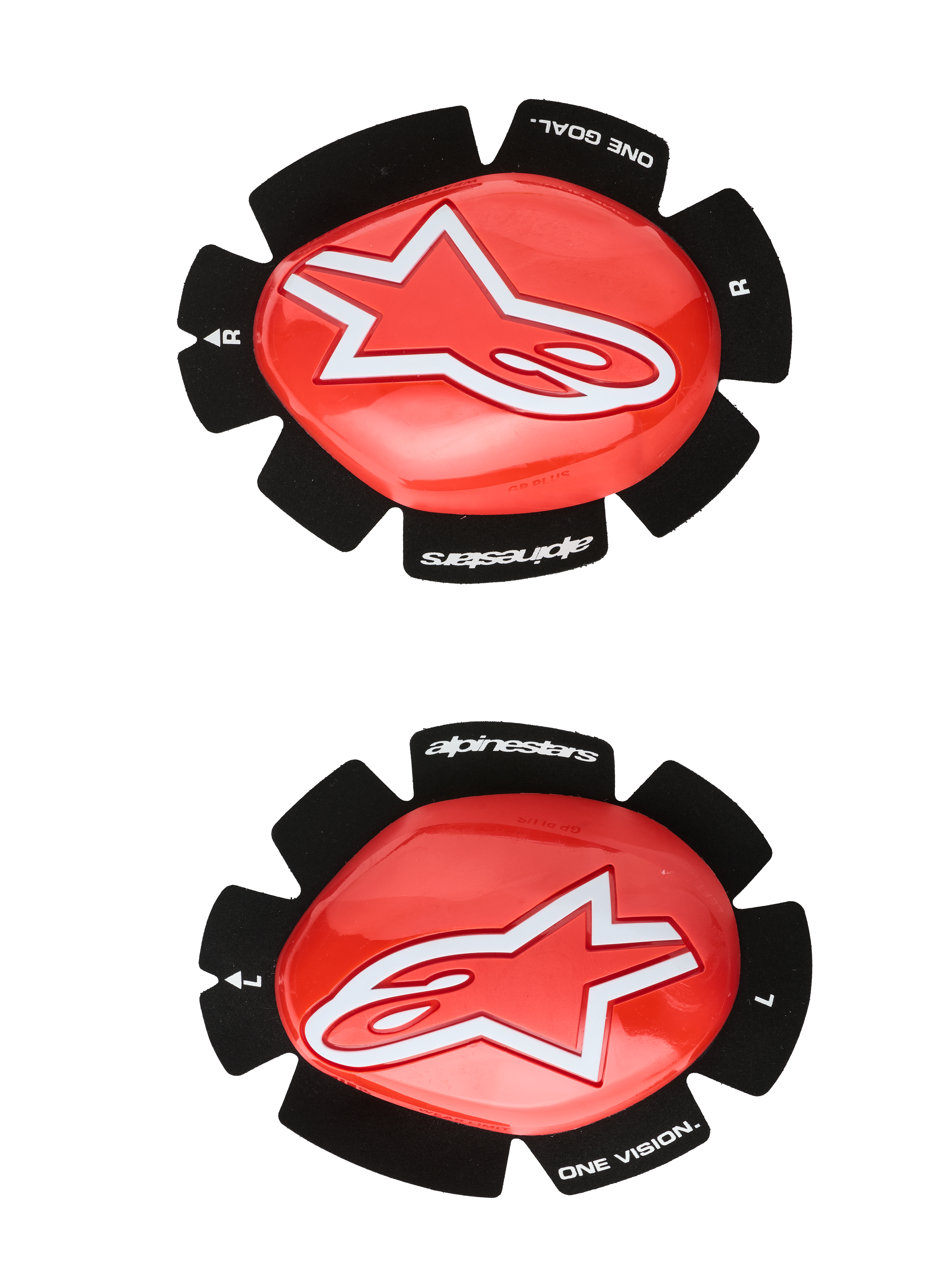 Alpinestars GP Plus Knee Sliders, protection de genou pour la course moto, rouge et noir, logo étoile blanc, marquage « ONE GOAL. ONE VISION. », fixations Velcro, paire gauche et droite