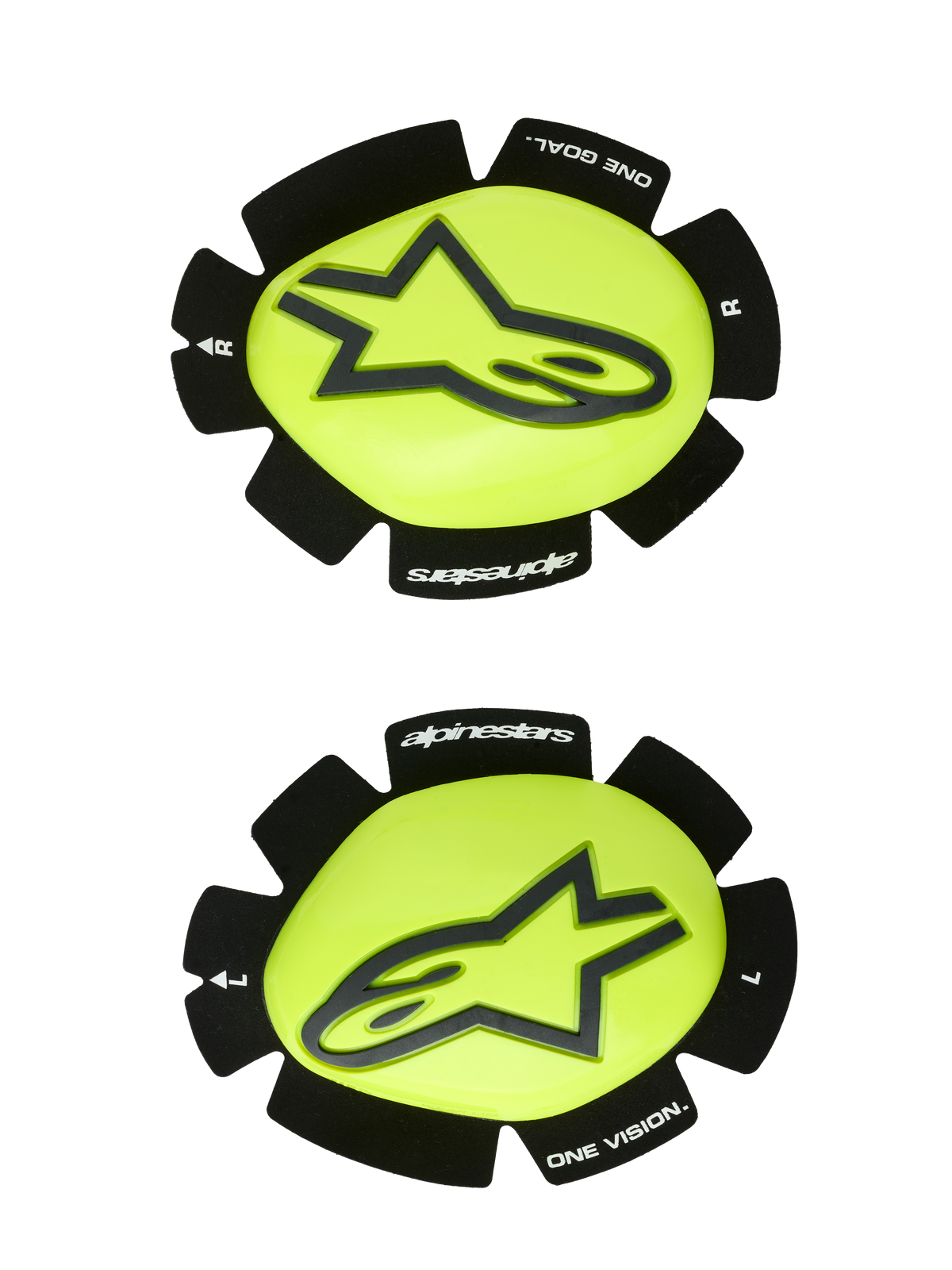 Alpinestars GP Plus, sliders de genou pour la course moto, jaune fluo et noir, paire gauche et droite avec logo étoile noir sur surface jaune brillante, bords noirs texturés avec marquages "alpinestars" et "ONE GOAL ONE VISION", conçus pour l'abrasion sur circuit