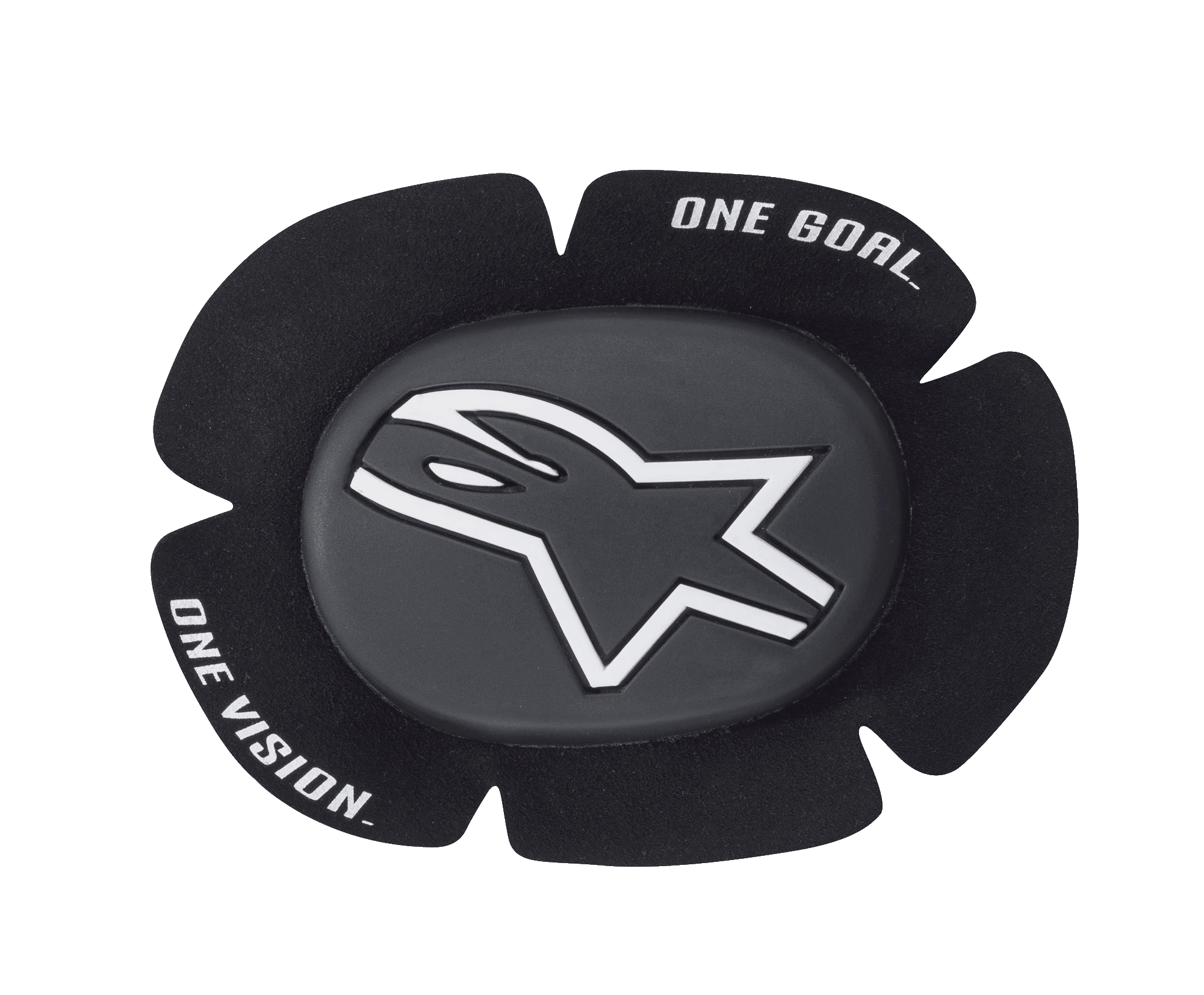 Alpinestars GP Sport Evo, sliders de genoux pour la course moto noirs et blancs, arborant un logo étoile blanche sur un palet central gris foncé, design profilé à cinq pétales avec l'inscription "ONE GOAL ONE VISION", protection en TPU durable pour la piste et la conduite sportive