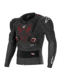 Alpinestars Bionic Pro V3 Plasma Protection Jacket, Off-road motorcycle body armor, Black with red ventilation details on the chest, white Alpinestars logos on shoulders and chest, featuring integrated Nucleon PLASMA elbow and shoulder protectors, floating chest plate, and adjustable elastic waist belt, breathable mesh construction for motocross and dirt riding