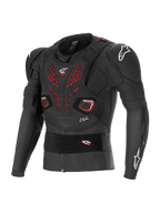 Alpinestars Bionic Pro V3 Plasma Protection Jacket, Off-road motorcycle body armor, Black with red ventilation details on the chest, white Alpinestars logos on shoulders and chest, featuring integrated Nucleon PLASMA elbow and shoulder protectors, floating chest plate, and adjustable elastic waist belt, breathable mesh construction for motocross and dirt riding