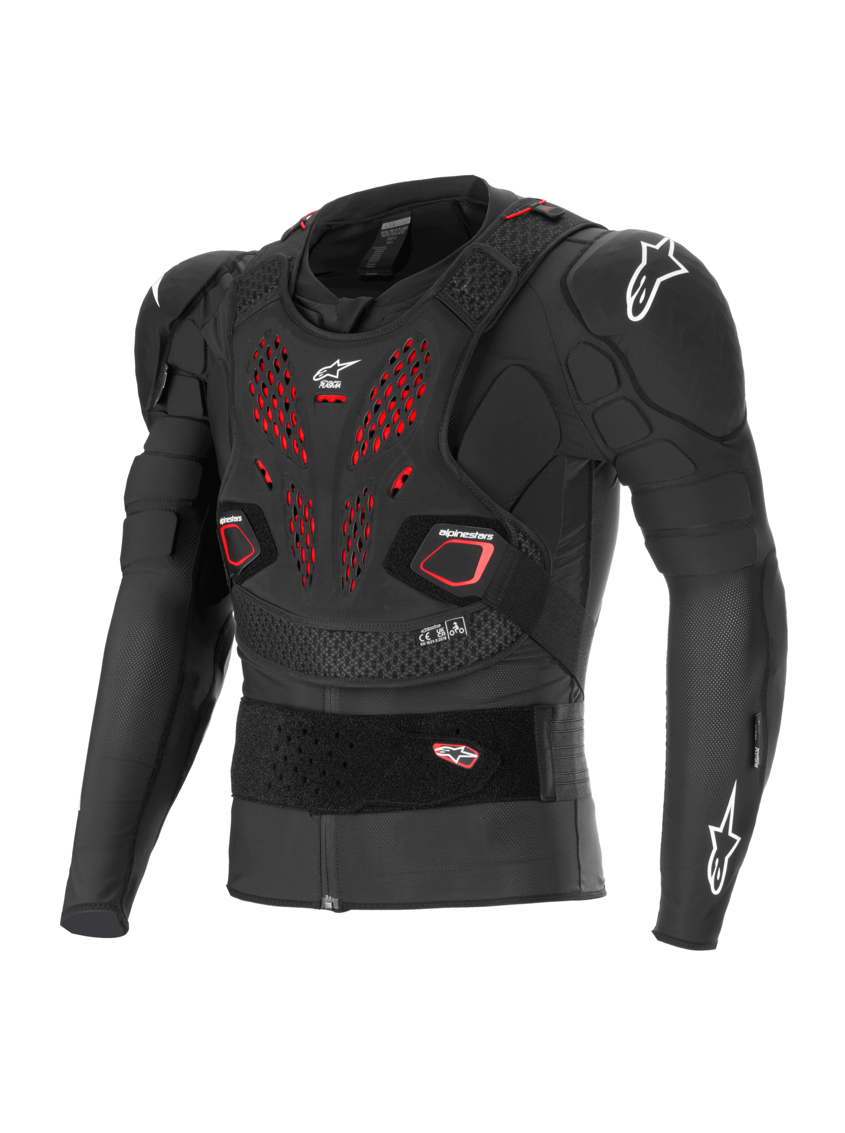 Alpinestars Bionic Pro V3 Plasma Protection Jacket, Off-road motorcycle body armor, Black with red ventilation details on the chest, white Alpinestars logos on shoulders and chest, featuring integrated Nucleon PLASMA elbow and shoulder protectors, floating chest plate, and adjustable elastic waist belt, breathable mesh construction for motocross and dirt riding