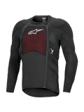 Alpinestars Bionic Plasma LT Protection Jacket Long Sleeve, Black and Red, off-road motorcycle protective gear with padded shoulders and elbows, breathable mesh chest panel with white logo, offset side zipper, and adjustable side belts.