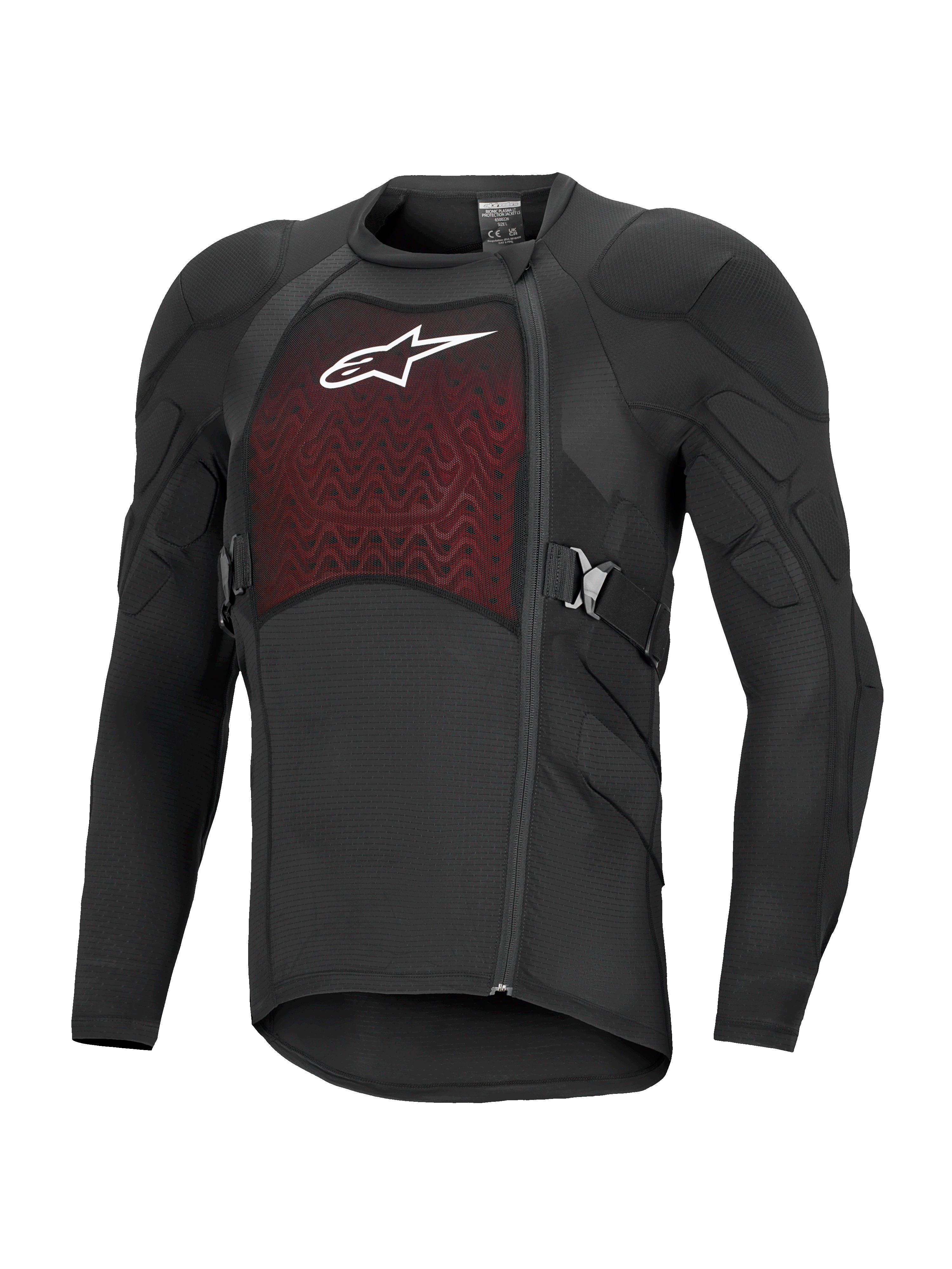 Alpinestars Bionic Plasma LT Protection Jacket Long Sleeve, Black and Red, off-road motorcycle protective gear with padded shoulders and elbows, breathable mesh chest panel with white logo, offset side zipper, and adjustable side belts.