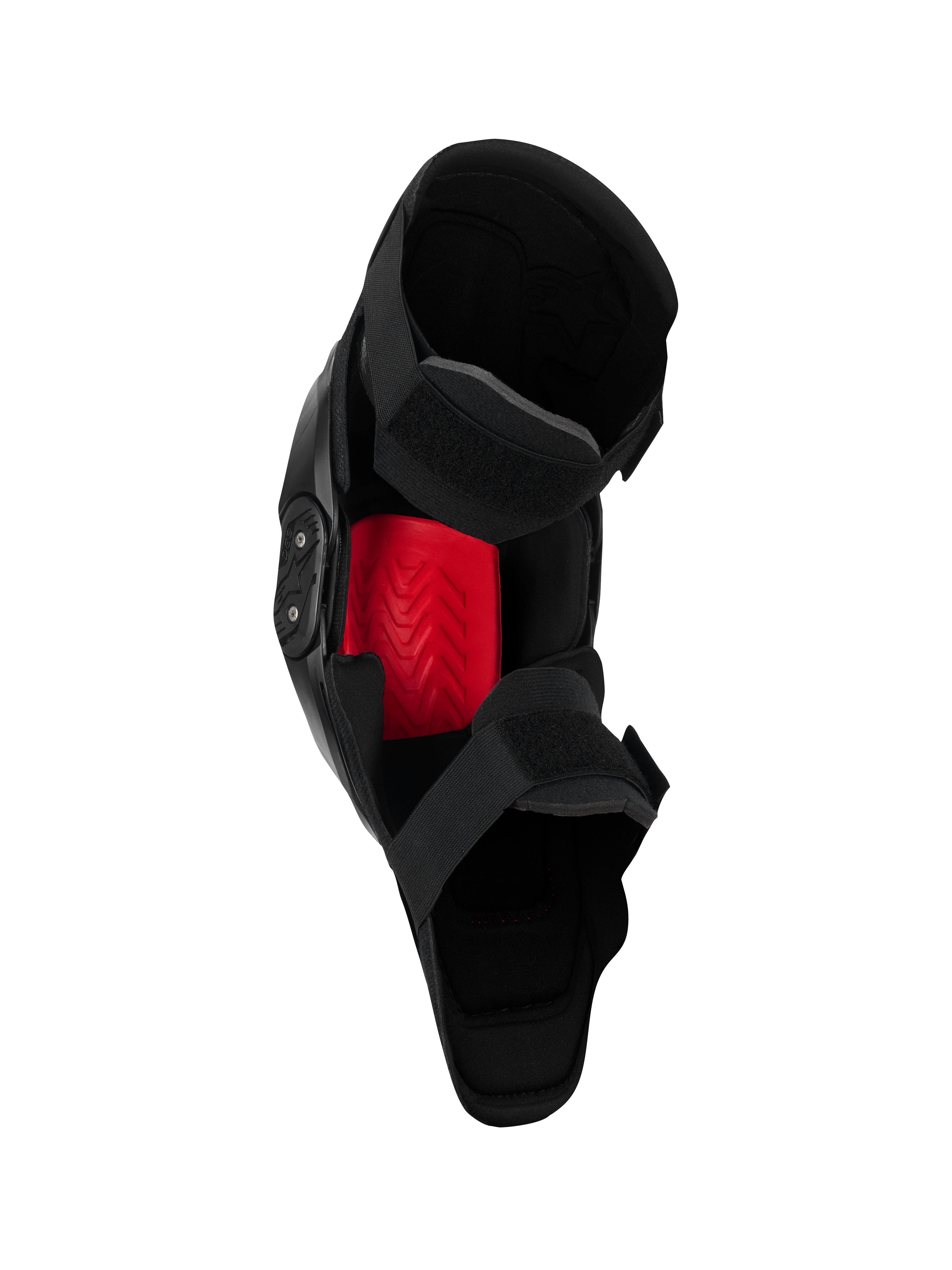 Alpinestars SX-1 Plasma Knee Protector, Motocross Knee Guard, Black and Red, inner view highlighting the red Nucleon PLASMA insert and dual strap closure system, engineered for off-road performance.