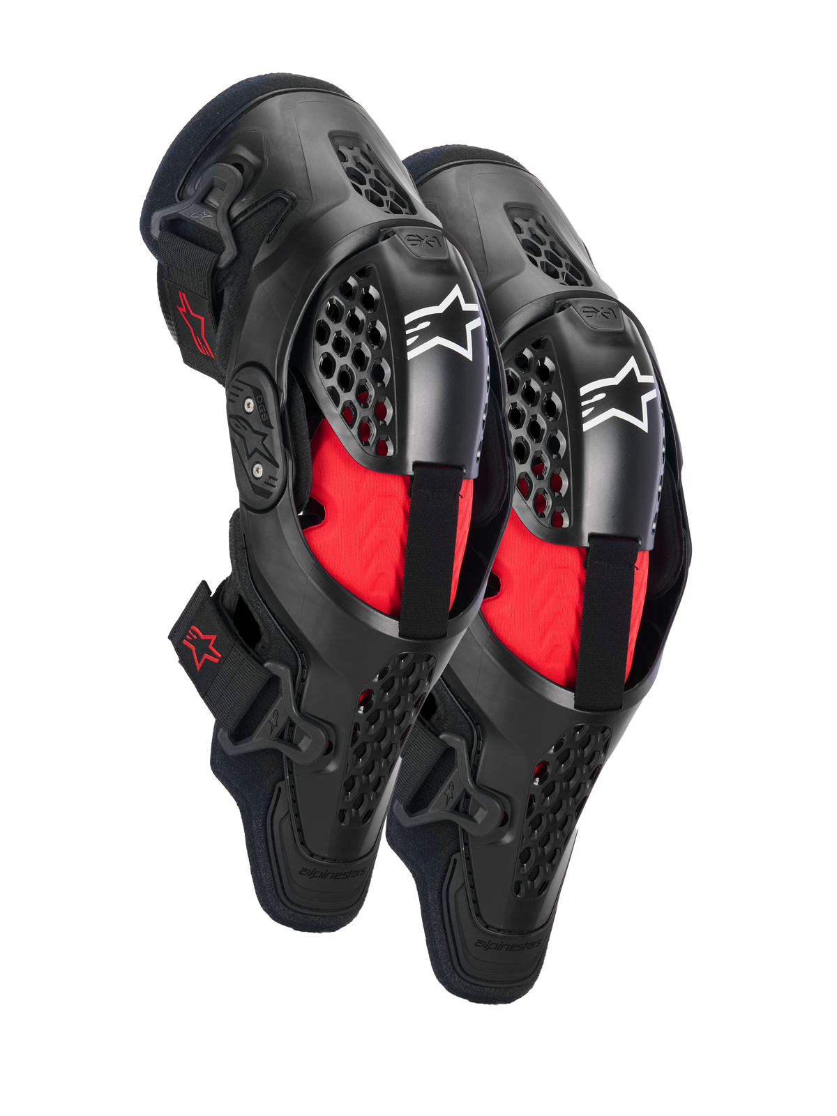 Genouillères Alpinestars SX-1 Plasma, protection de genou pour motocross, noir et rouge, avec coques semi-rigides ventilées, rembourrage intérieur rouge, logos Alpinestars blancs sur la rotule et charnière à double pivot pour une performance tout-terrain