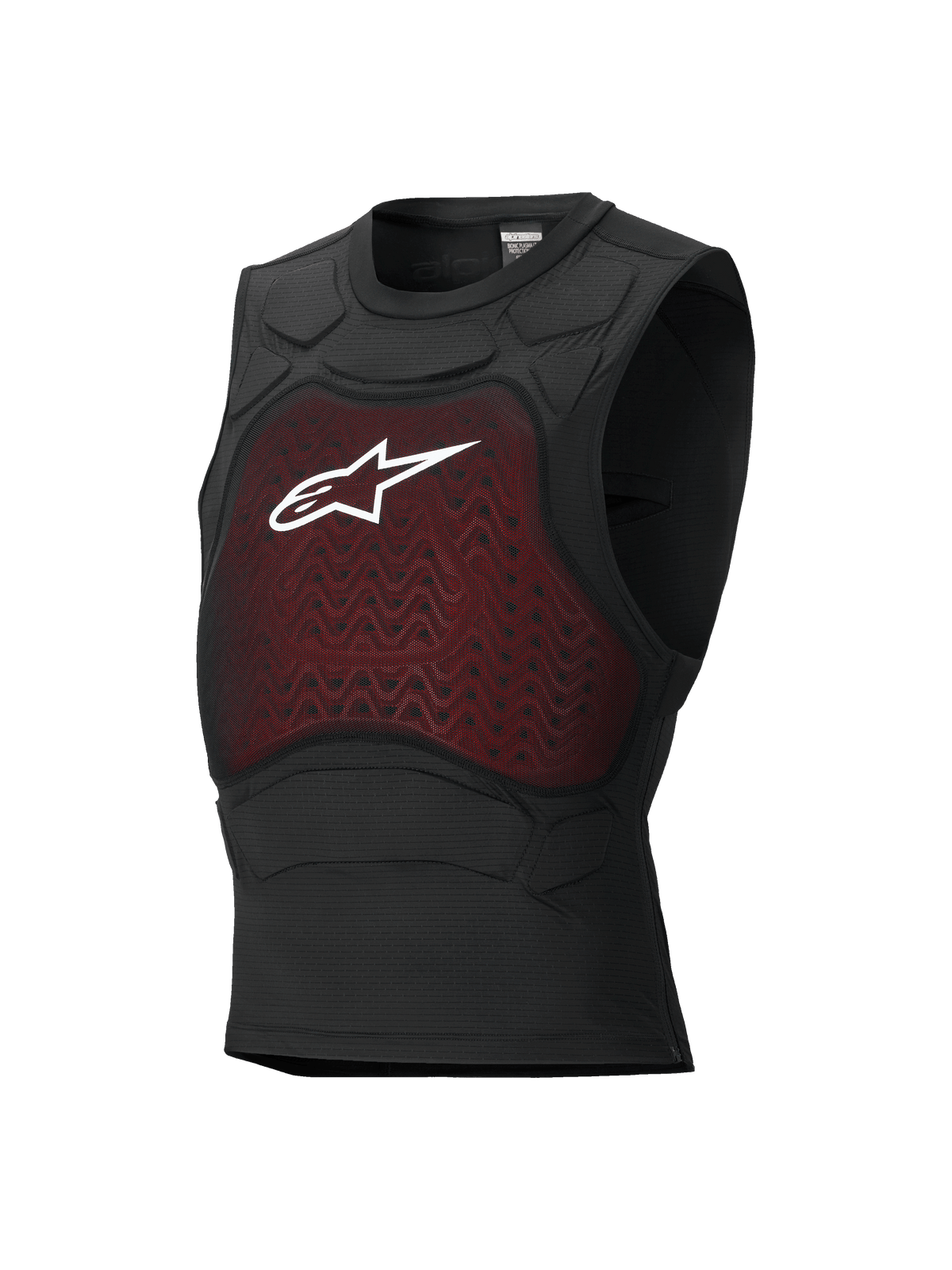 Alpinestars Bionic Plasma LT Protection Vest, Motorcycle Body Armor, Black and Red, Sleeveless Design with Mesh Chest Panel and White Astars Logo, Integrated Padding on Shoulders, Breathable Form-Fitting Construction