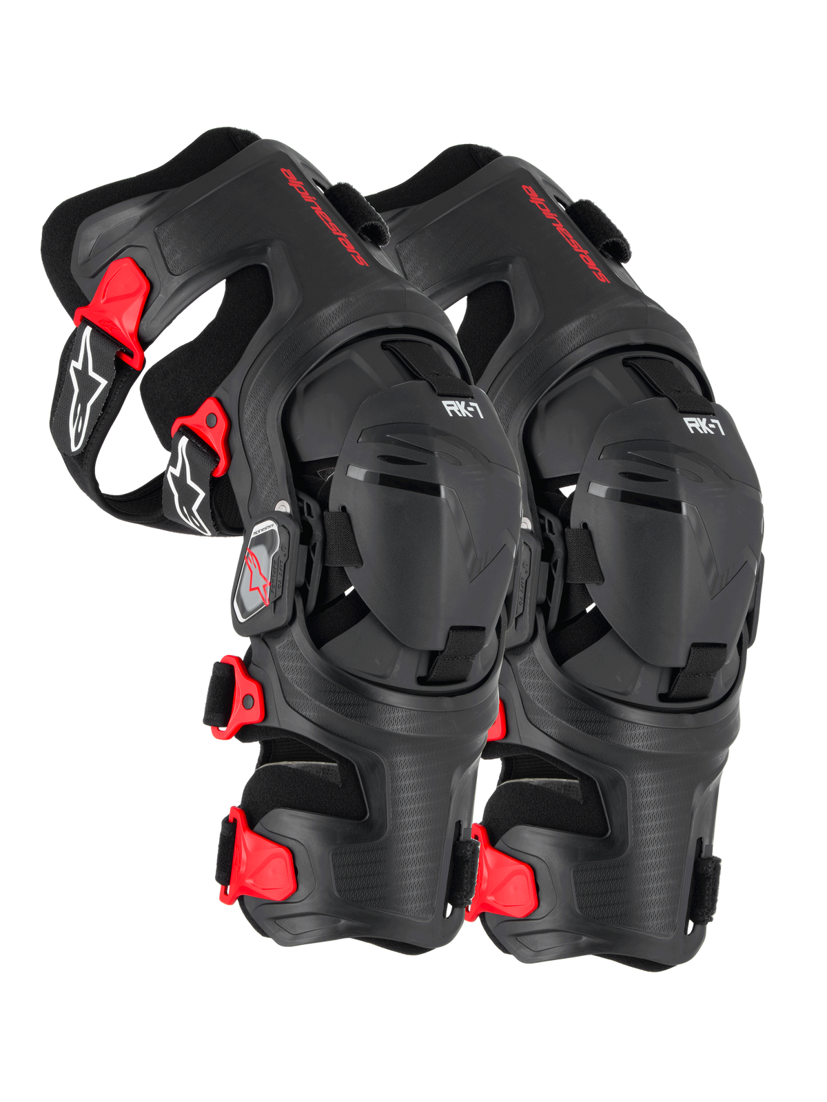 Alpinestars RK-7 Plasma Knee Braces, motocross knee protection, black and red, CE Level 1 certified with four-point hinge system and Nucleon PLASMA padding