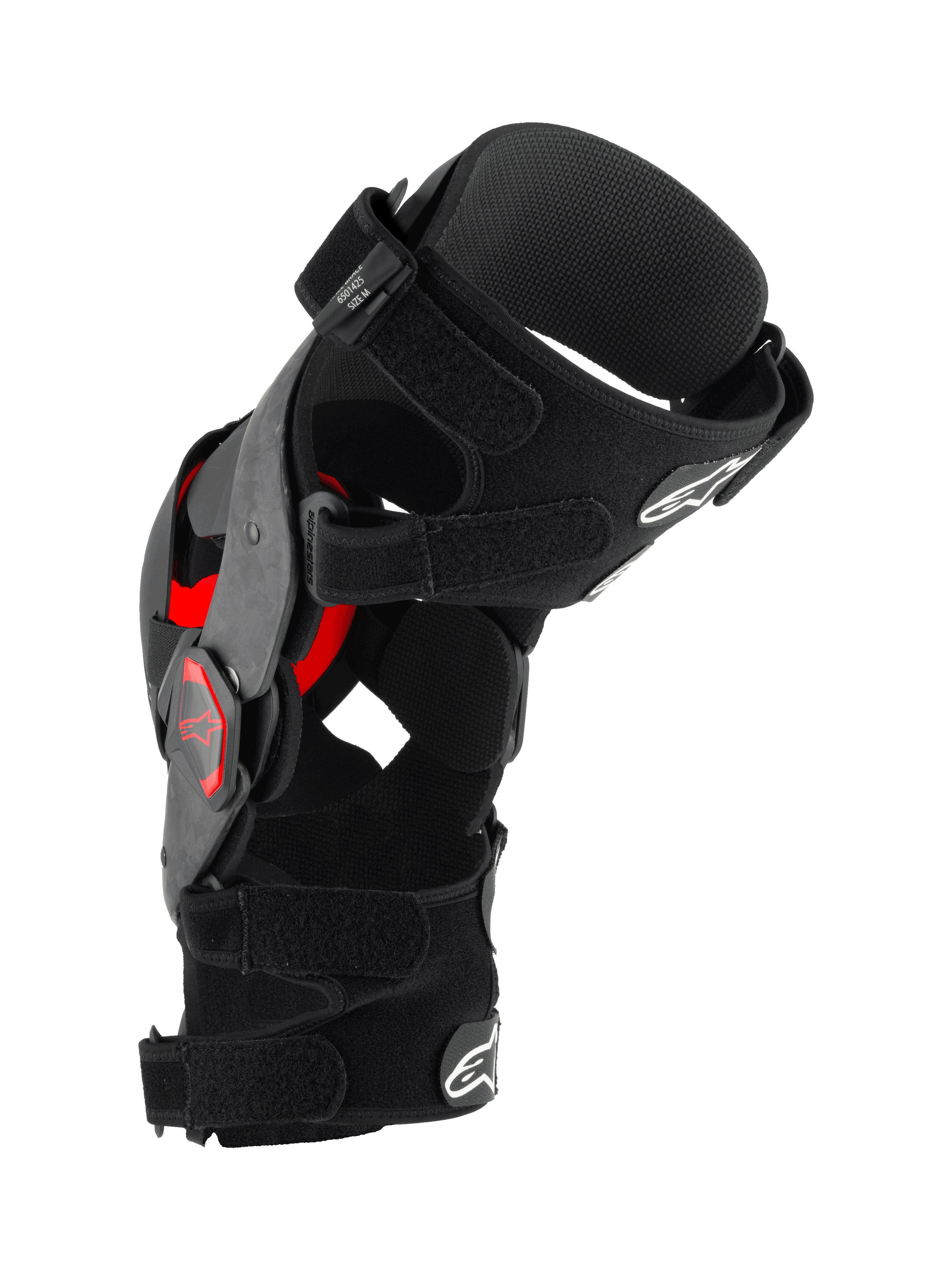 Alpinestars Supertech RK-10 Plasma Knee Brace, Motocross Knee Protector, Black and Red, side profile view showing forged carbon fiber frame, adjustable straps, and red Nucleon PLASMA inserts, protective gear for off-road racing