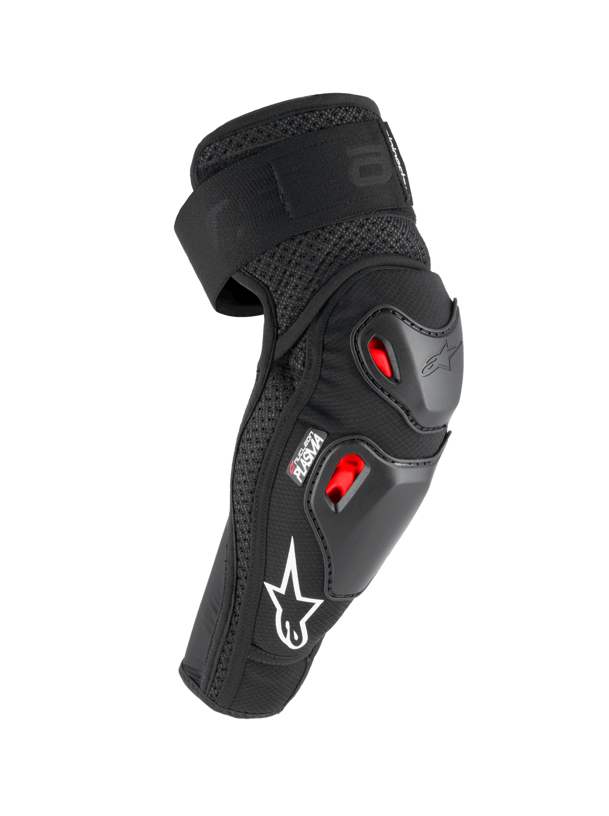 Coudières Alpinestars Bionic Pro Plasma, noir, rouge et blanc, dotées de deux coques thermoplastiques et d'une protection contre les chocs Nucleon PLASMA, design en mesh respirant avec logo blanc, équipement de protection pour moto tout-terrain