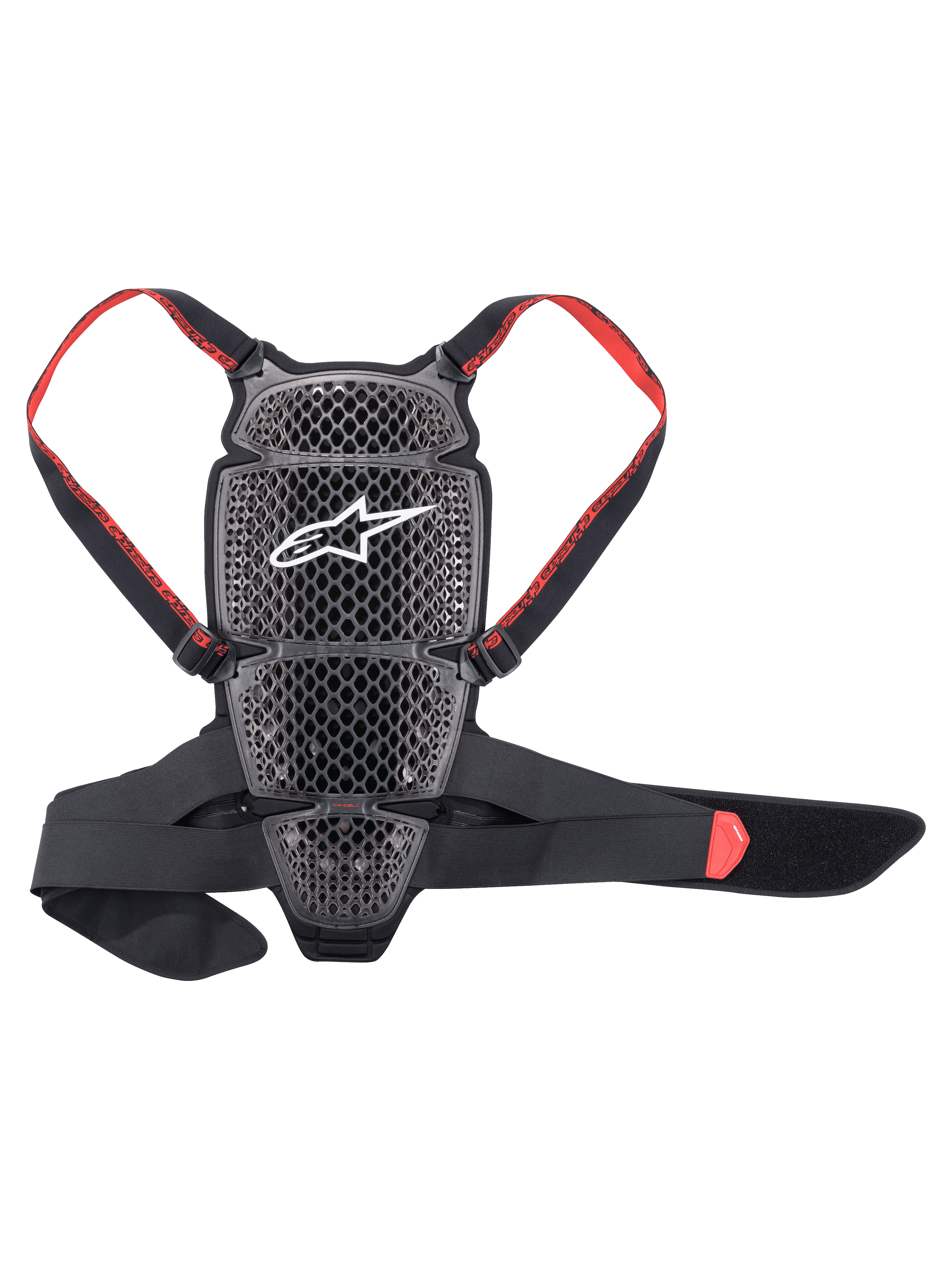 Alpinestars Nucleon KR-Cell Protector, protection dorsale de moto, noir fumé et rouge, grille alvéolée perforée avec logo Alpinestars blanc, bretelles réglables rouges à logo et ceinture ventrale noire, design ergonomique ventilé